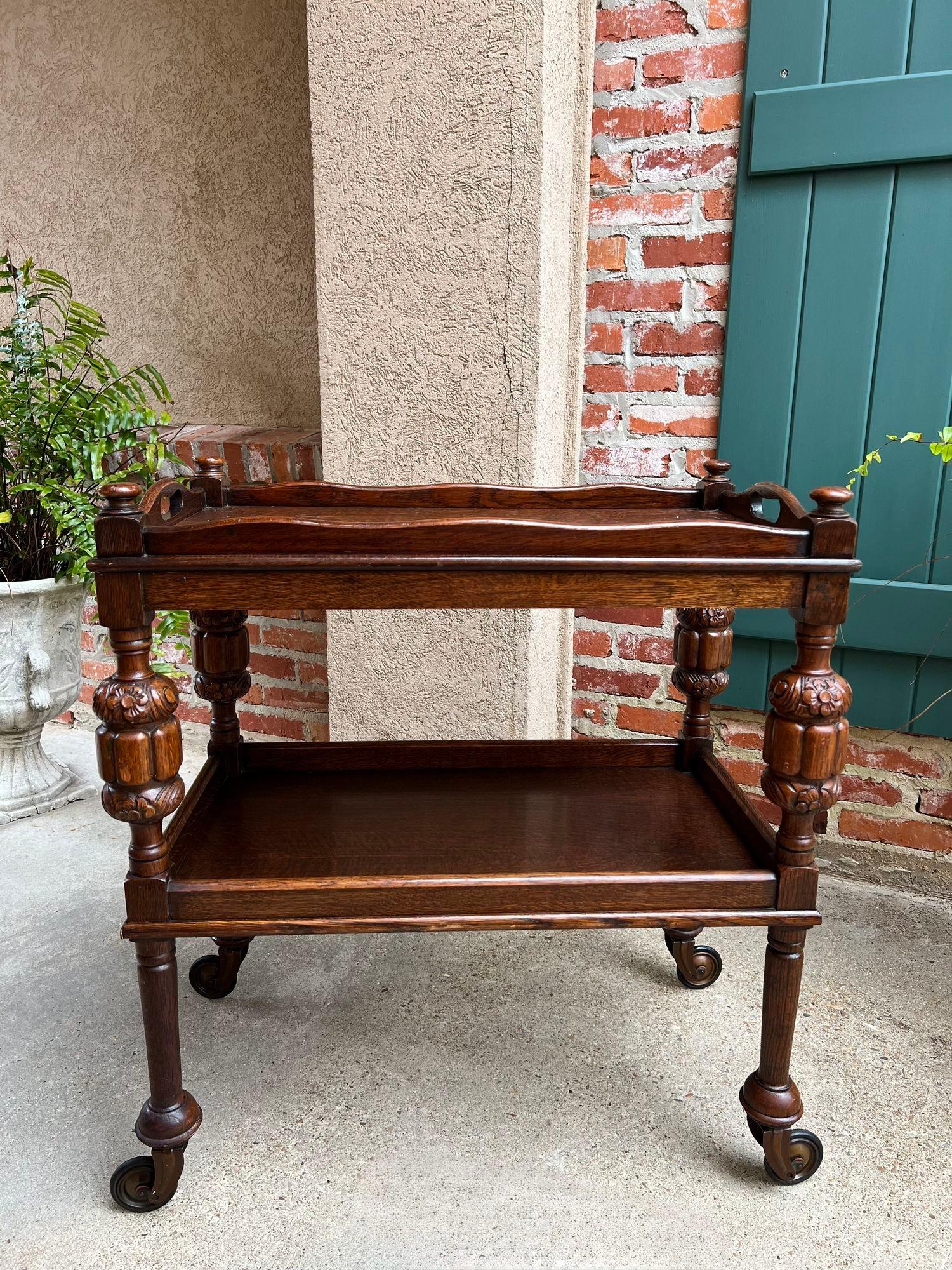 Antique English Tea Trolley Drinks Bar Cart Cocktail Tray Tudor Table Carved Oak 9