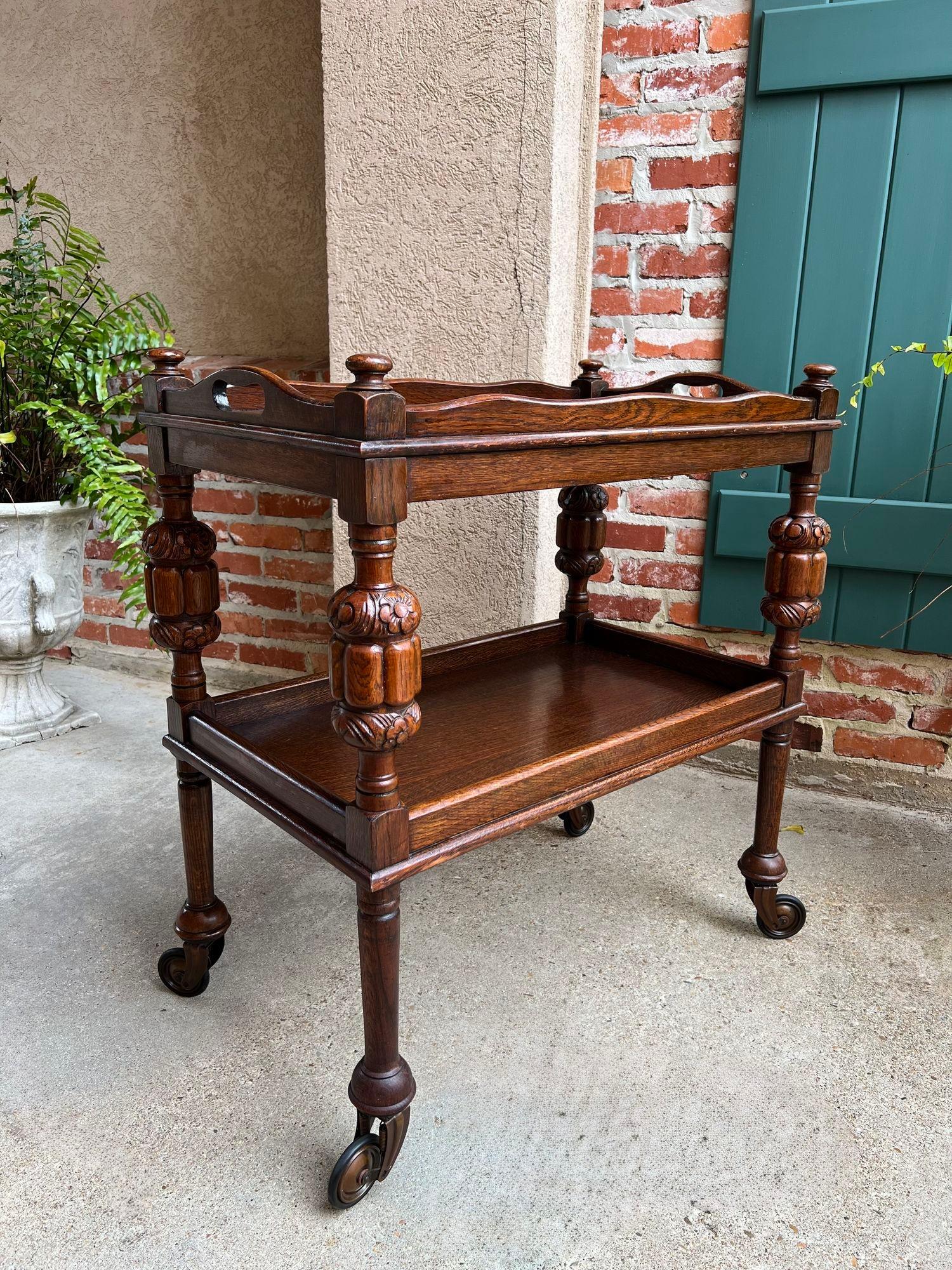 Antique English Tea Trolley Drinks Bar Cart Cocktail Tray Tudor Table Carved Oak 10