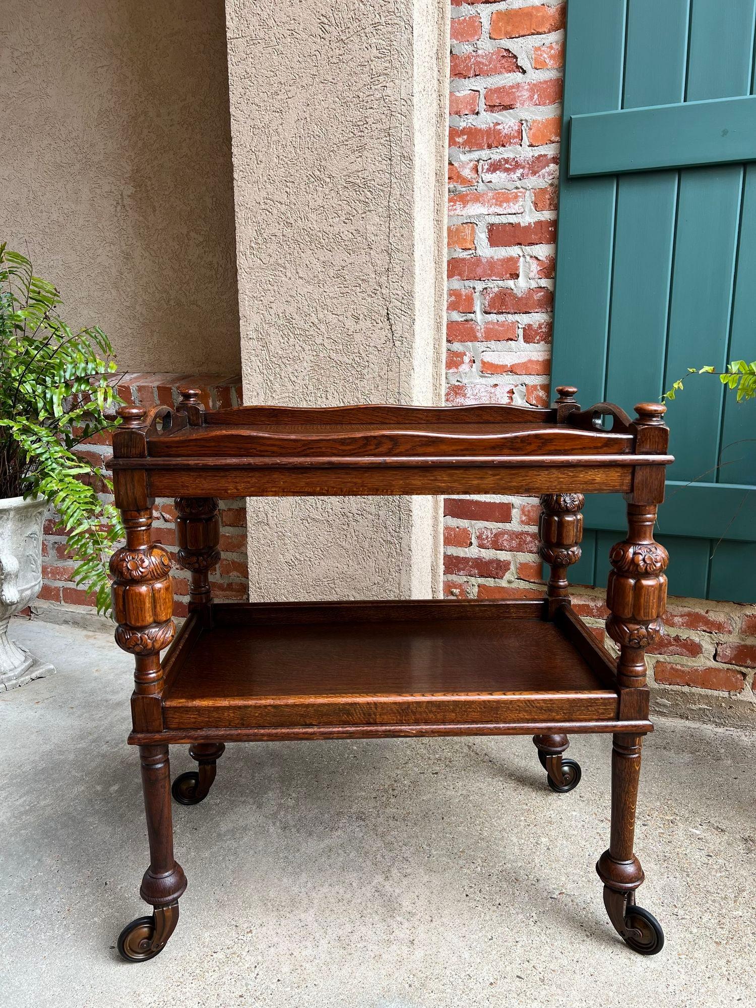 Antique English Tea Trolley Drinks Bar Cart Cocktail Tray Tudor Table Carved Oak 11