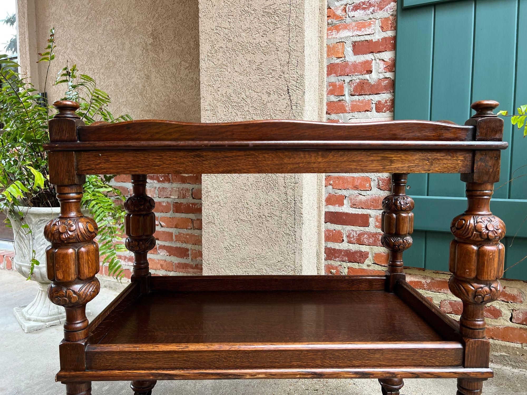 Antique English Tea Trolley Drinks Bar Cart Cocktail Tray Tudor Table Carved Oak 12