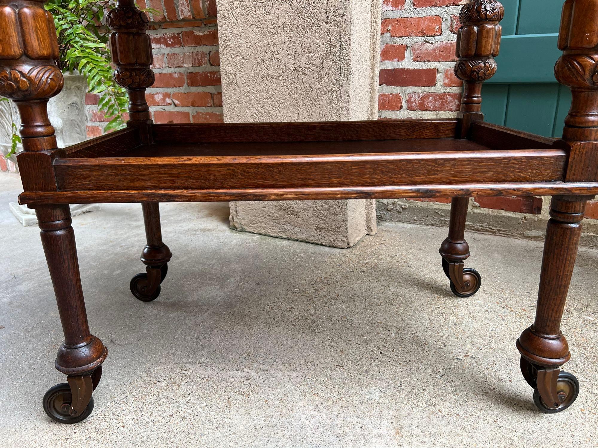 Antique English Tea Trolley Drinks Bar Cart Cocktail Tray Tudor Table Carved Oak 13