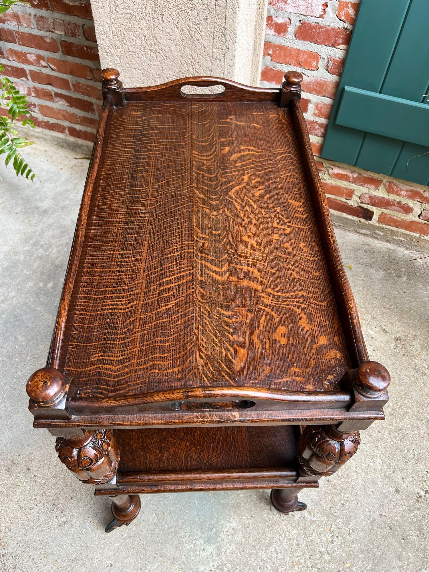 Antique English Tea Trolley Drinks Bar Cart Cocktail Tray Tudor Table Carved Oak 14