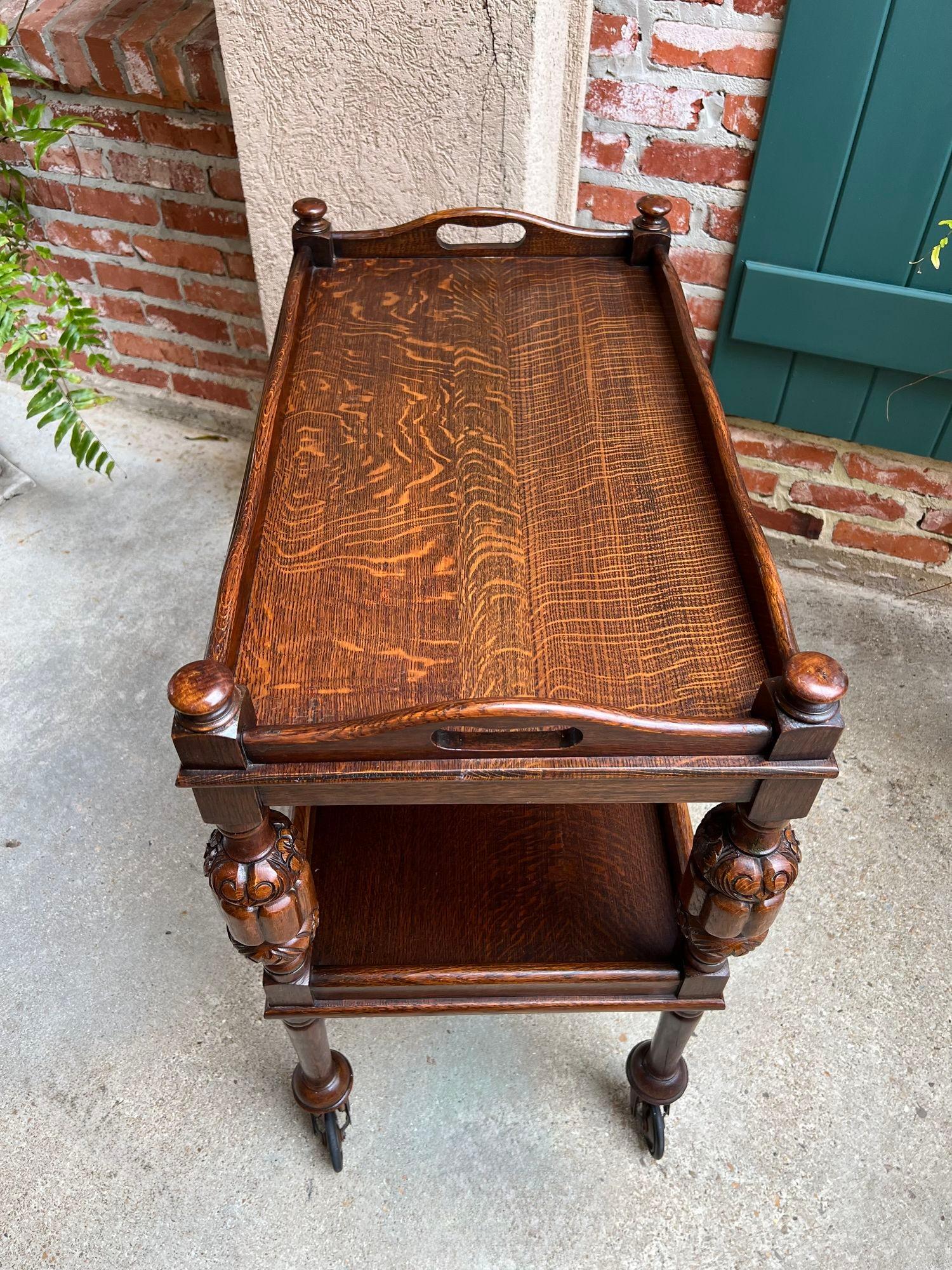 Antique English Tea Trolley Drinks Bar Cart Cocktail Tray Tudor Table Carved Oak 15