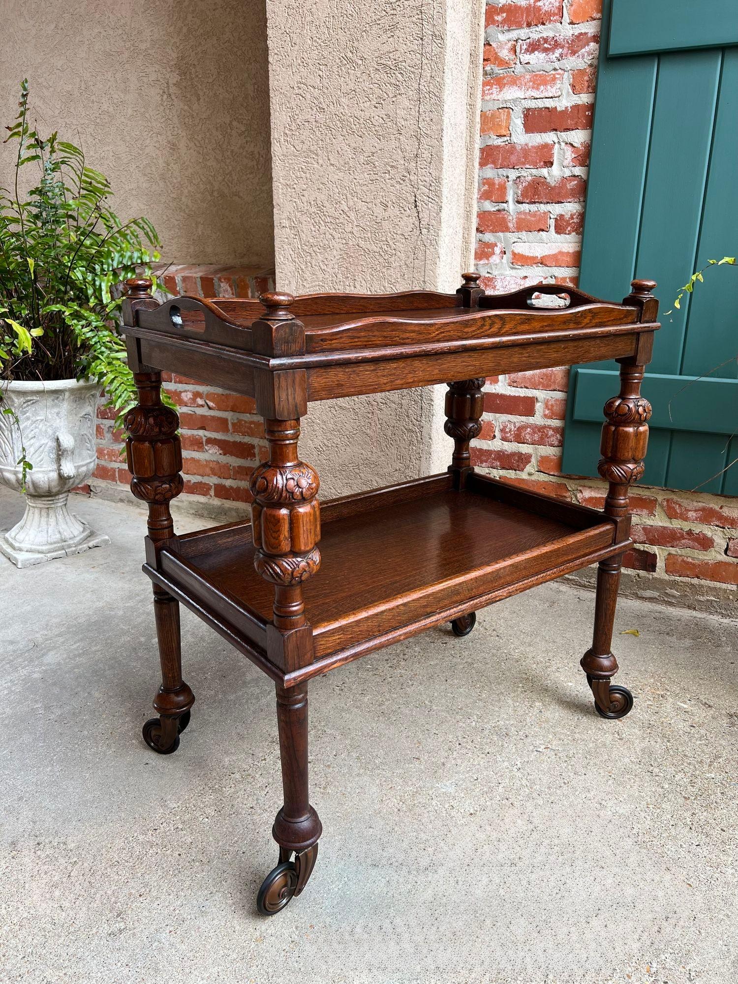 British Antique English Tea Trolley Drinks Bar Cart Cocktail Tray Tudor Table Carved Oak