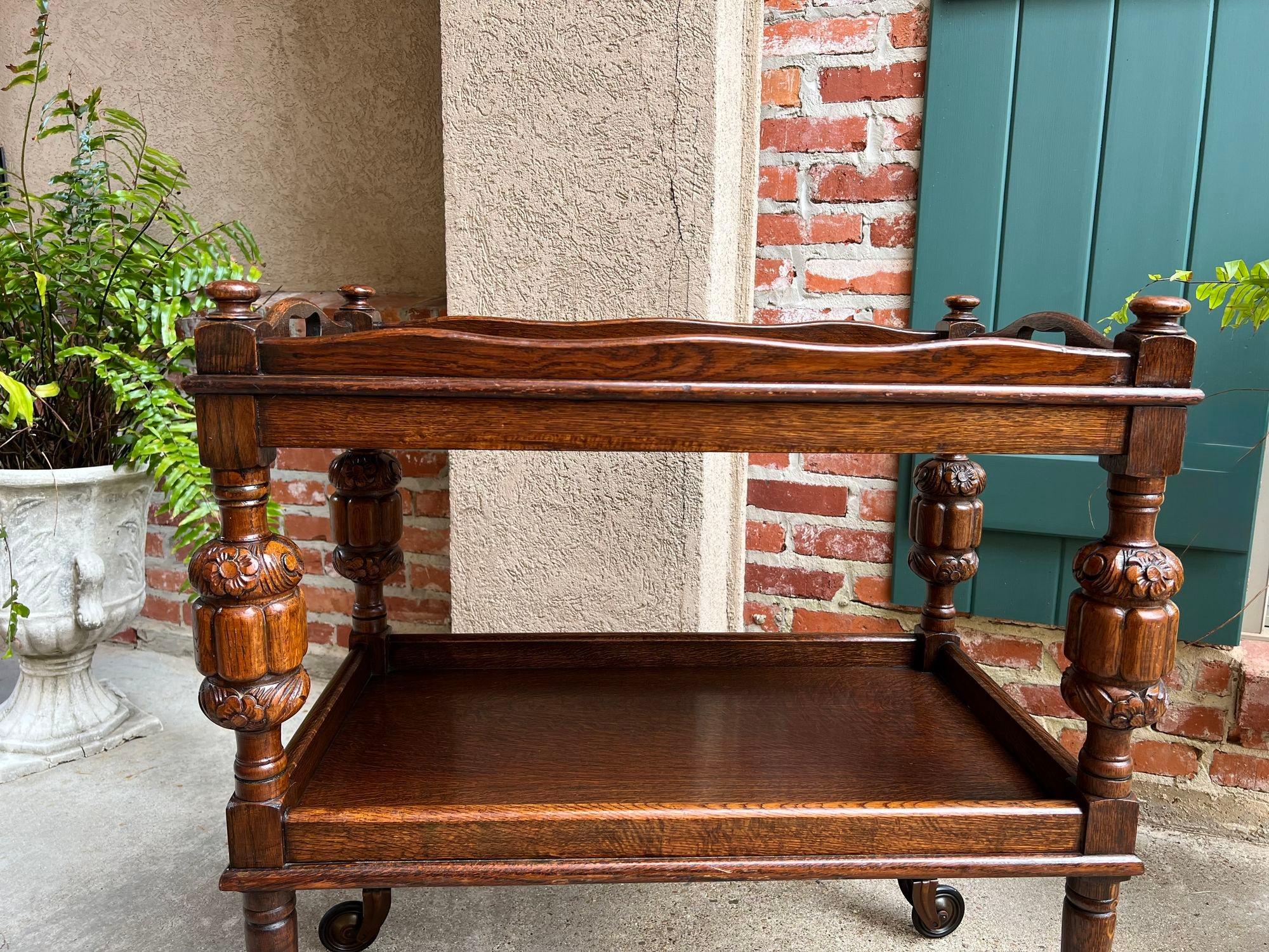 Early 20th Century Antique English Tea Trolley Drinks Bar Cart Cocktail Tray Tudor Table Carved Oak