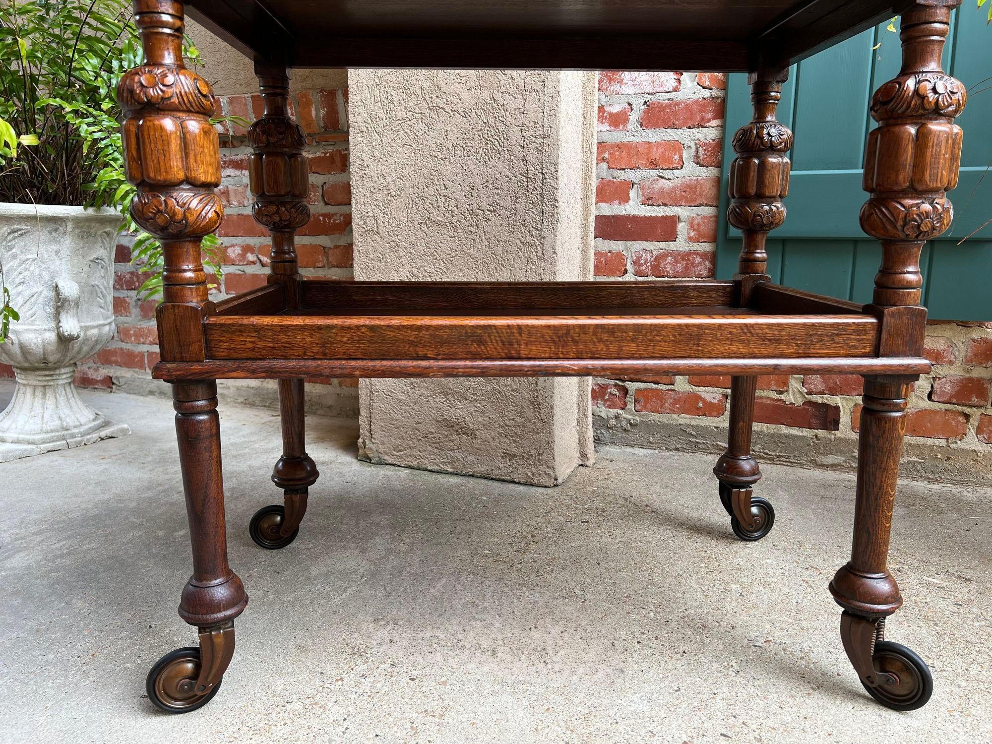 Antique English Tea Trolley Drinks Bar Cart Cocktail Tray Tudor Table Carved Oak 1