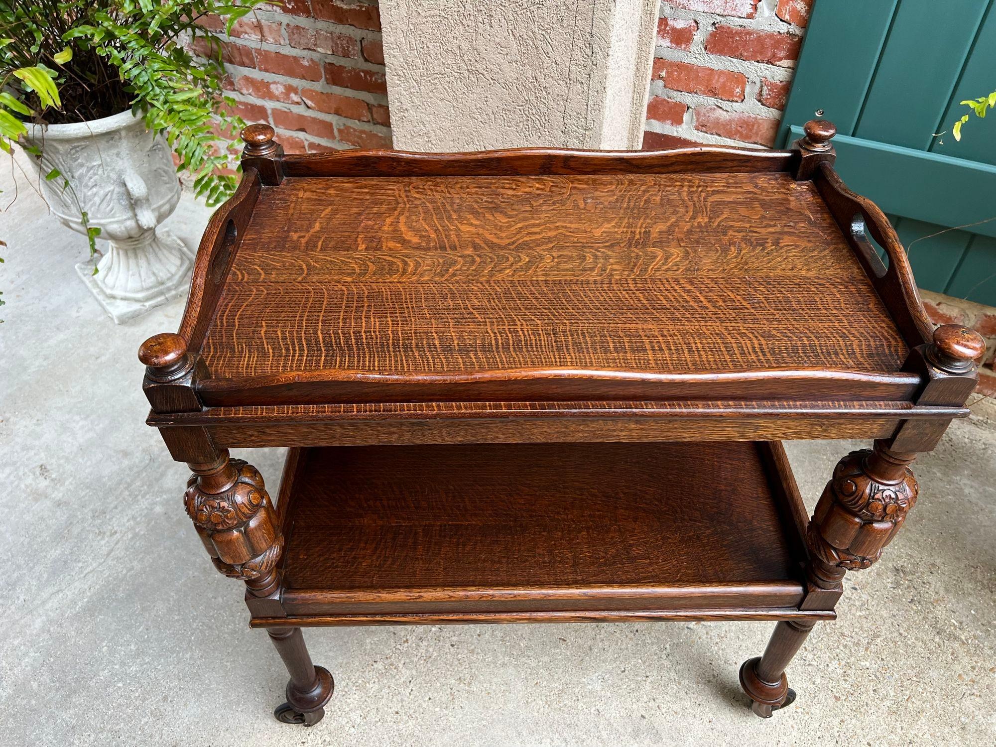 Antique English Tea Trolley Drinks Bar Cart Cocktail Tray Tudor Table Carved Oak 2