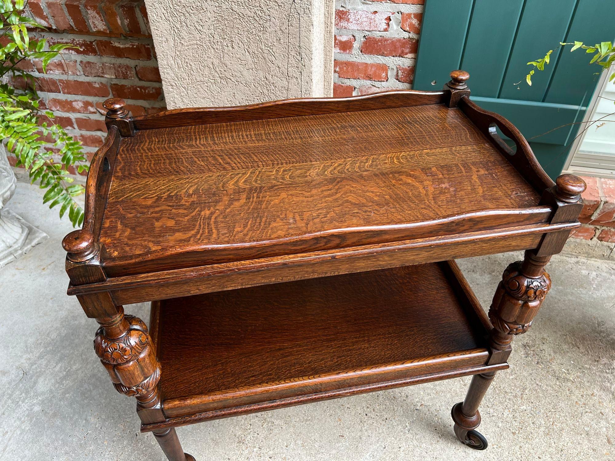 Antique English Tea Trolley Drinks Bar Cart Cocktail Tray Tudor Table Carved Oak 3
