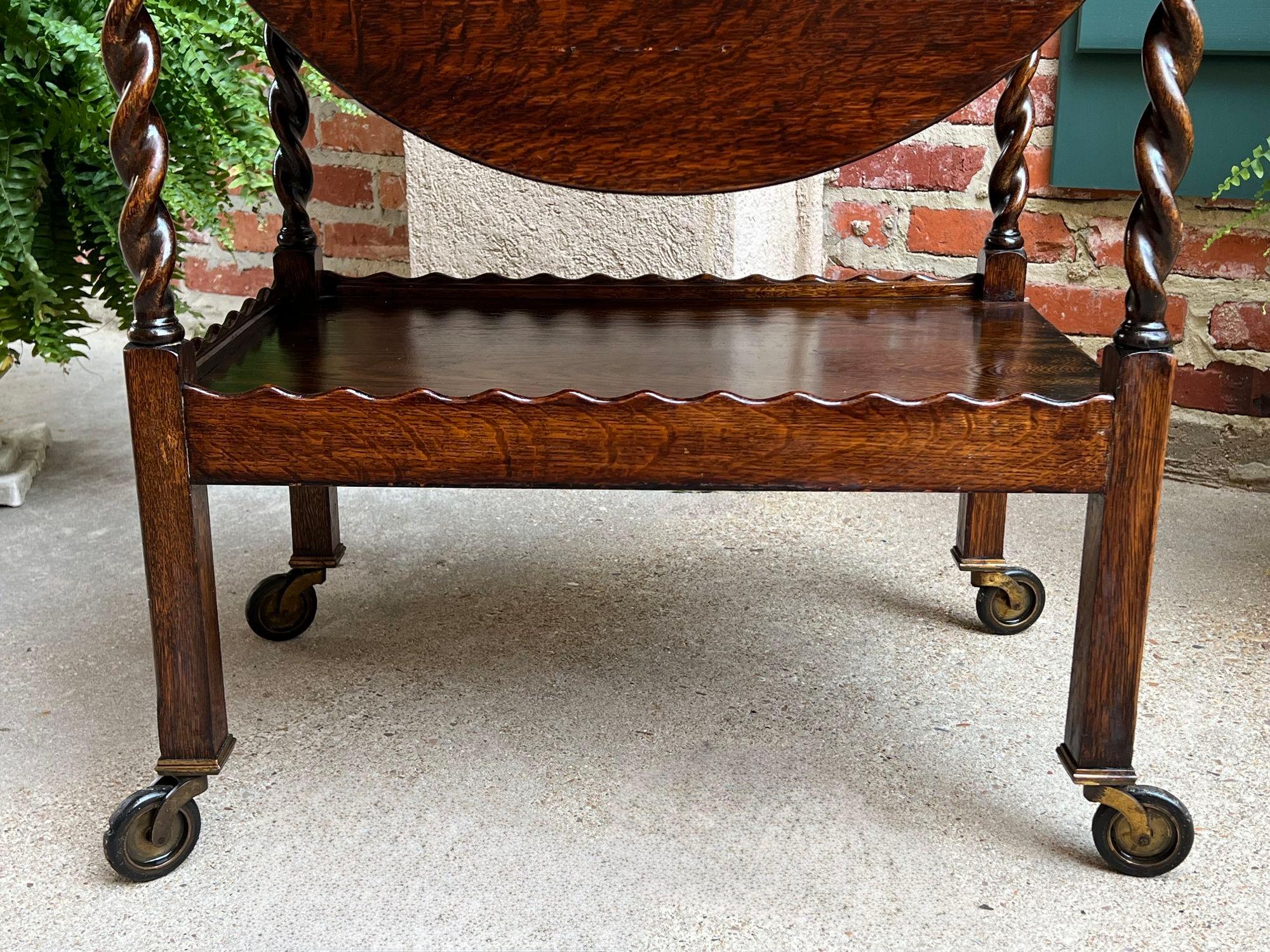 Antique chariot à thé et à boissons anglais barley Twist Dumbwaiter table à abattant en vente 10