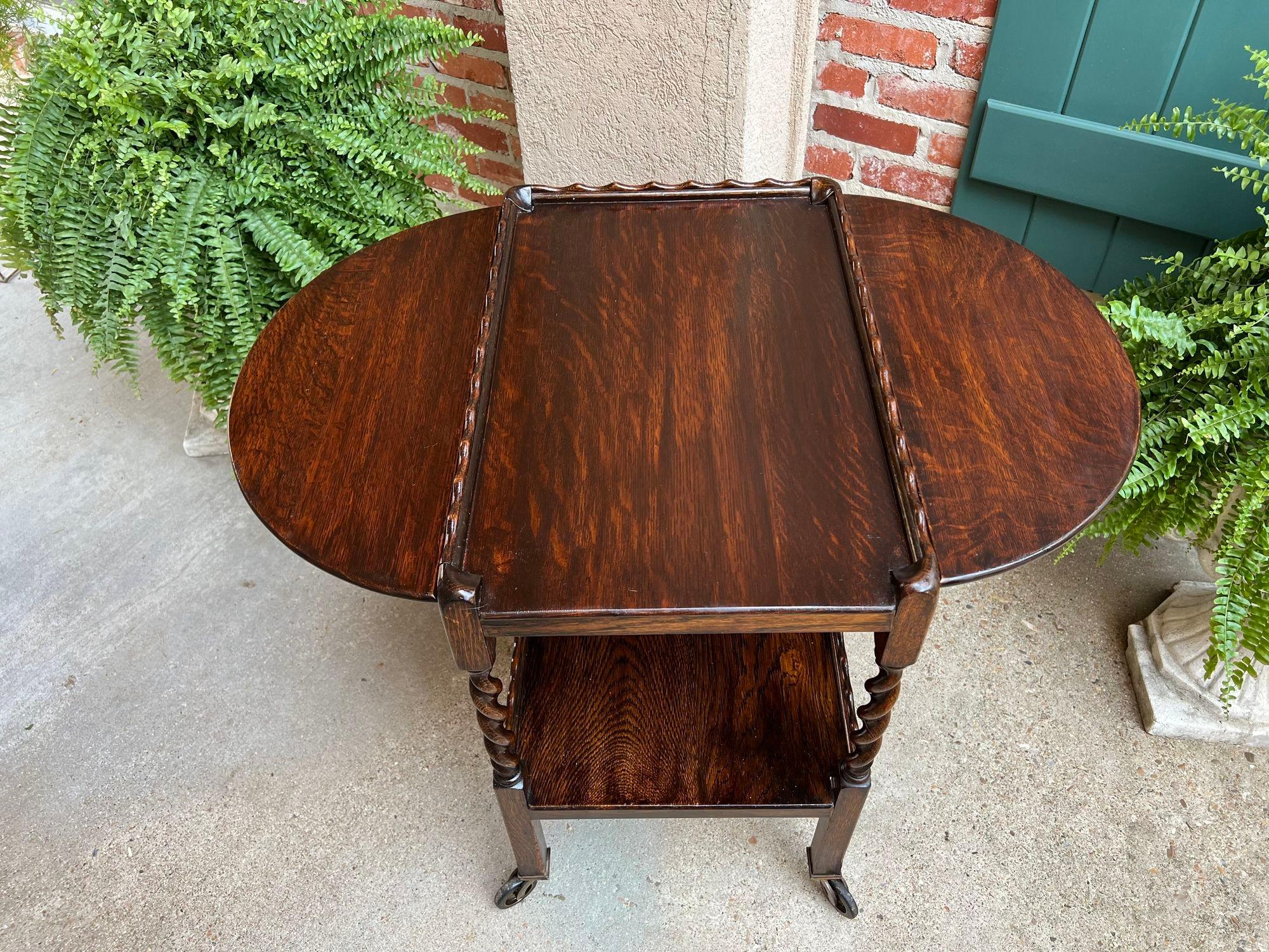 Début du 20ème siècle Antique chariot à thé et à boissons anglais barley Twist Dumbwaiter table à abattant en vente