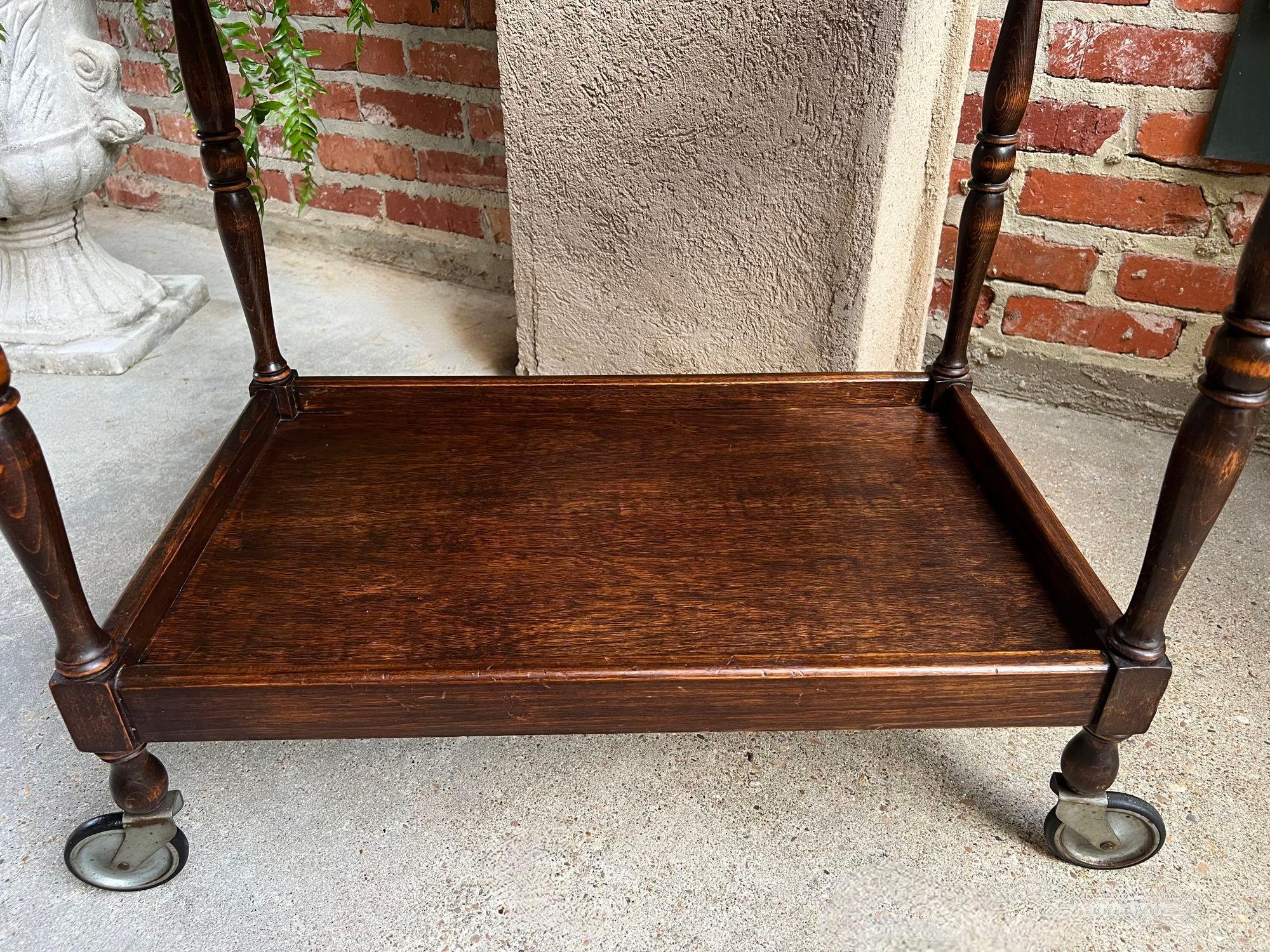 Antique English Tea Trolley Drinks Cart Serving Tray Dumbwaiter Table Carved Oak 5