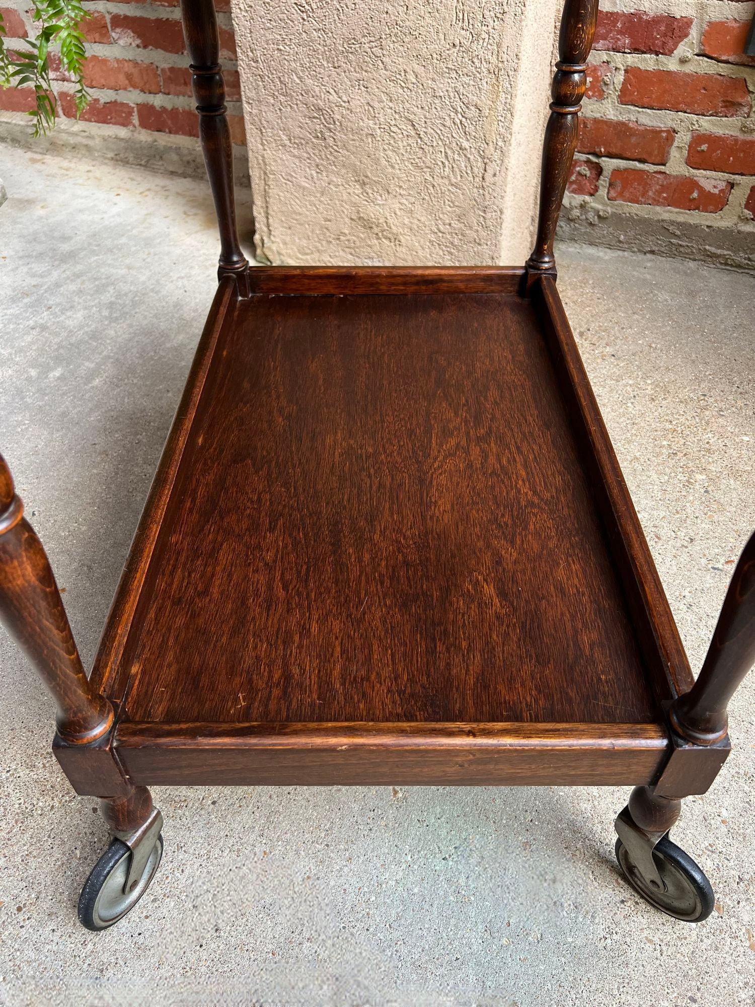 Antique English Tea Trolley Drinks Cart Serving Tray Dumbwaiter Table Carved Oak 6