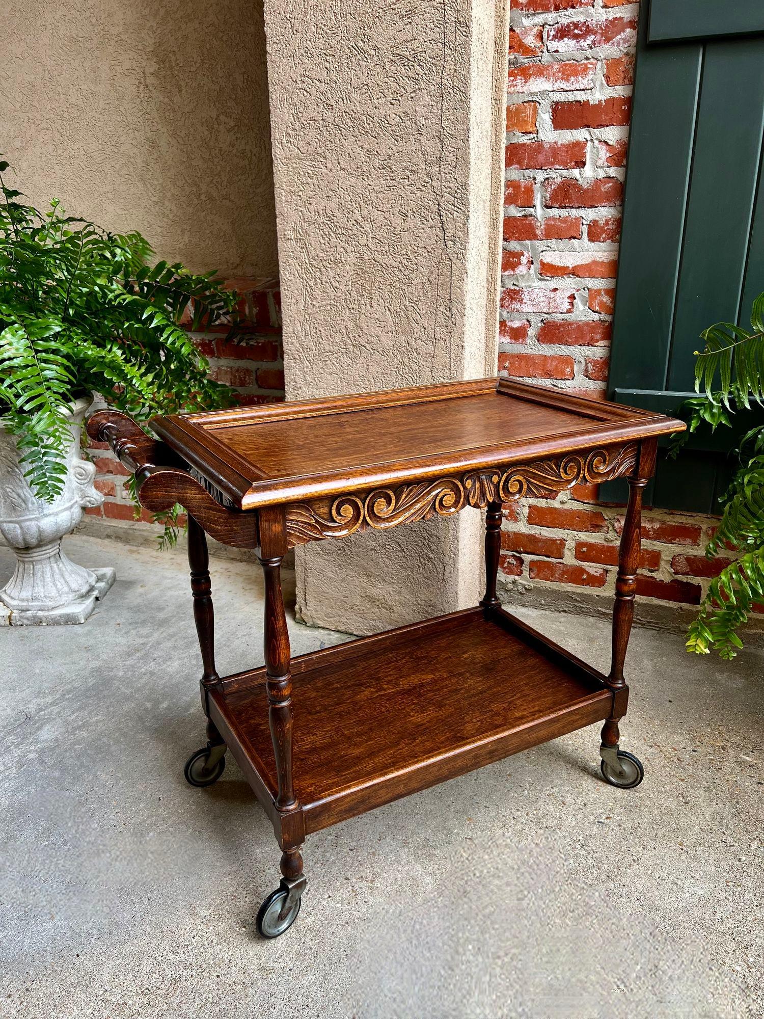 Antique English Tea Trolley Drinks Cart Serving Tray Dumbwaiter Table Carved Oak 8