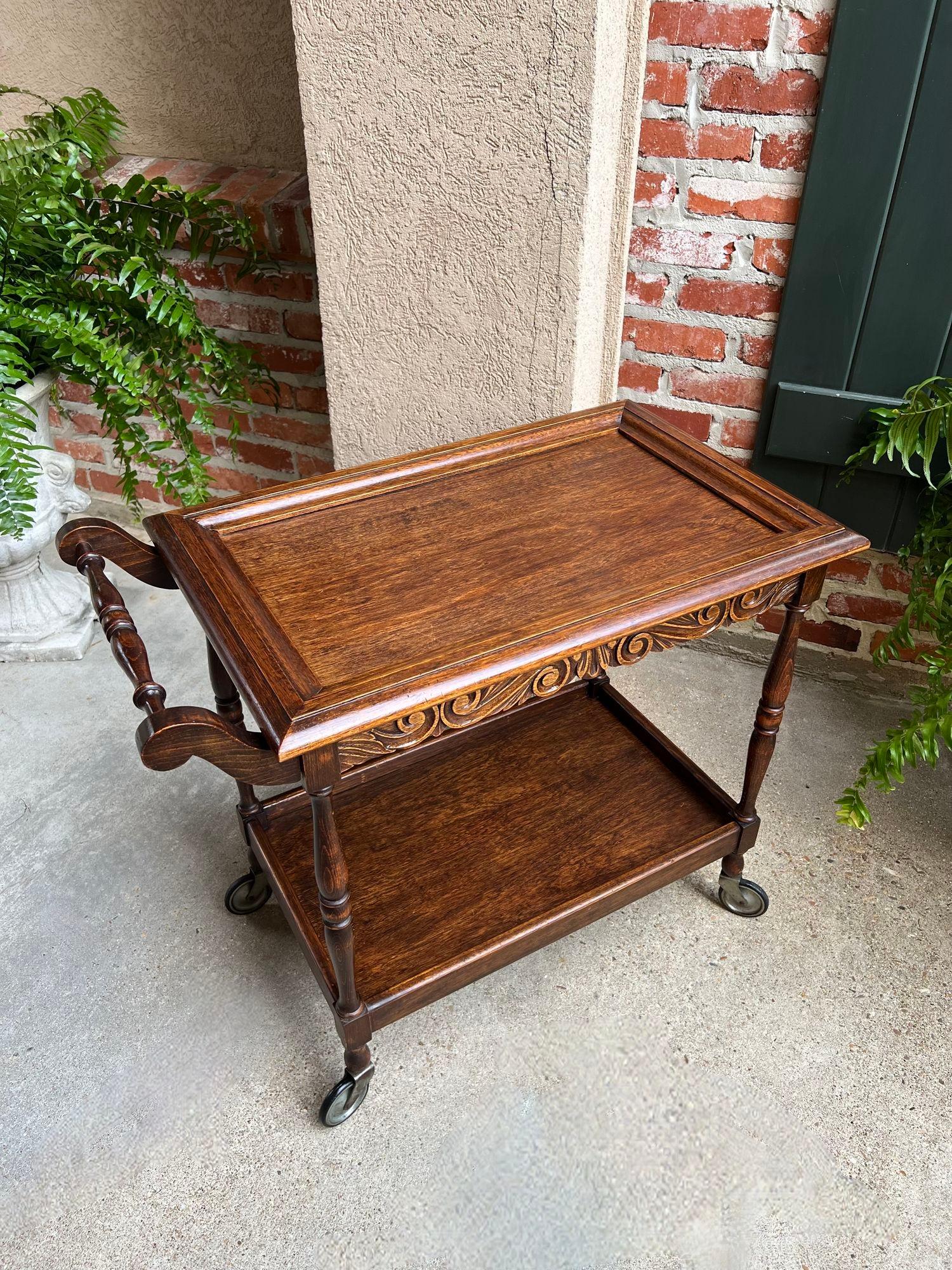 Antique English Tea Trolley Drinks Cart Serving Tray Dumbwaiter Table Carved Oak 9