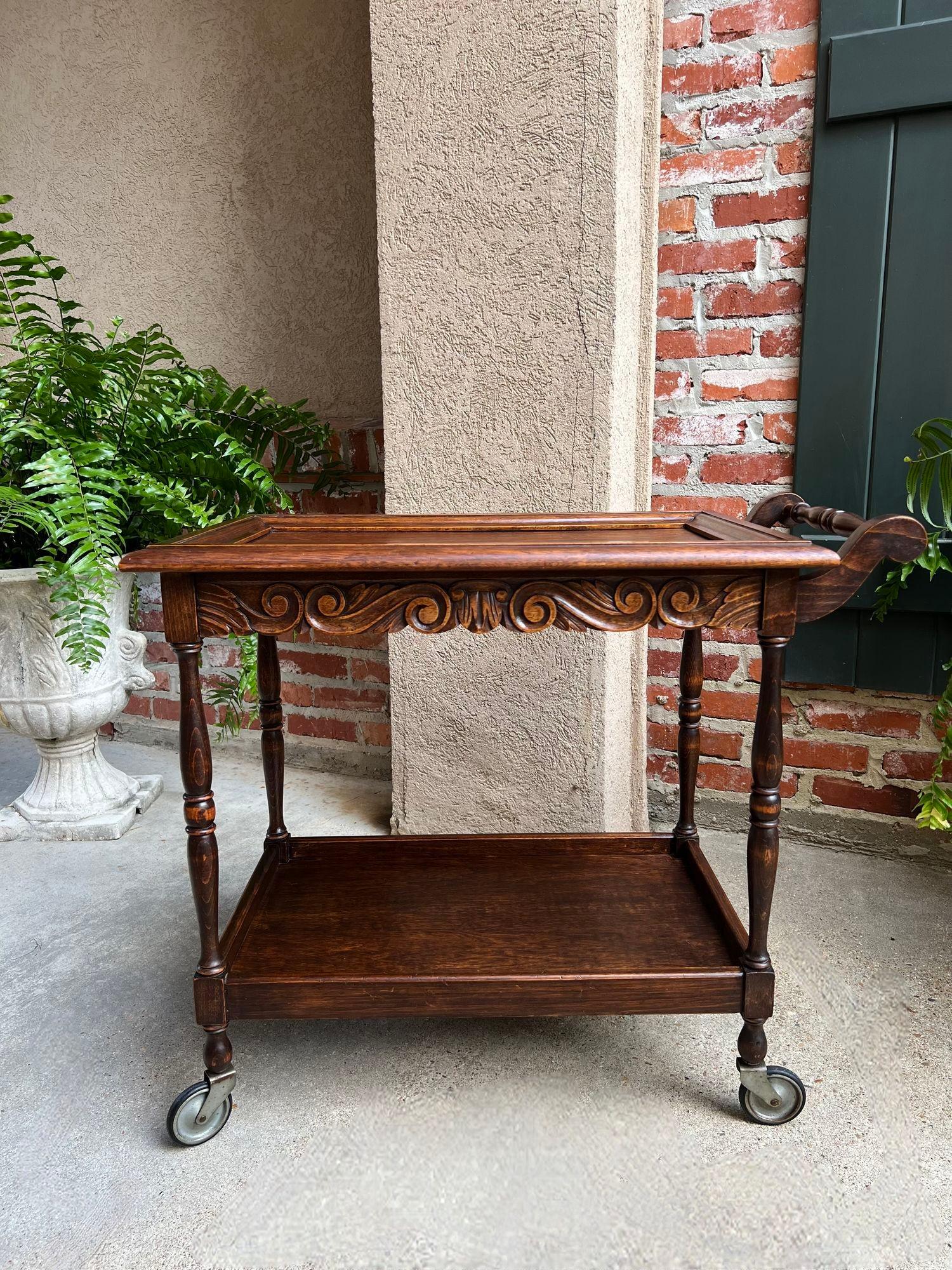 Antique English Tea Trolley Drinks Cart Serving Tray Dumbwaiter Table Carved Oak 10
