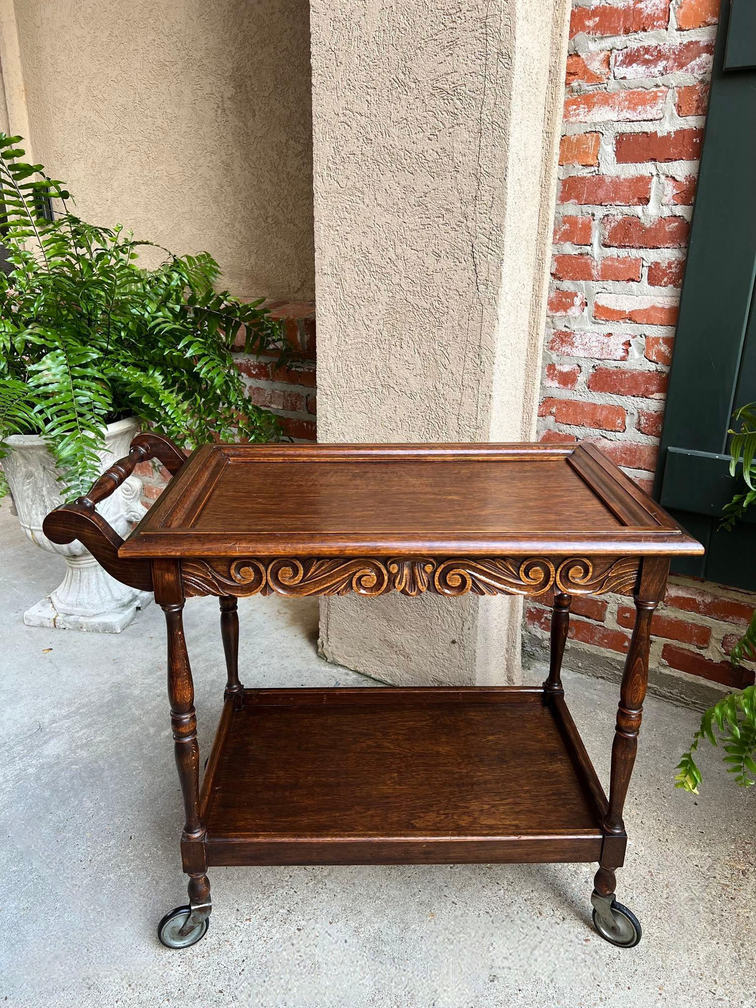 Antique English Tea Trolley Drinks Cart Serving Tray Dumbwaiter Table Carved Oak 11