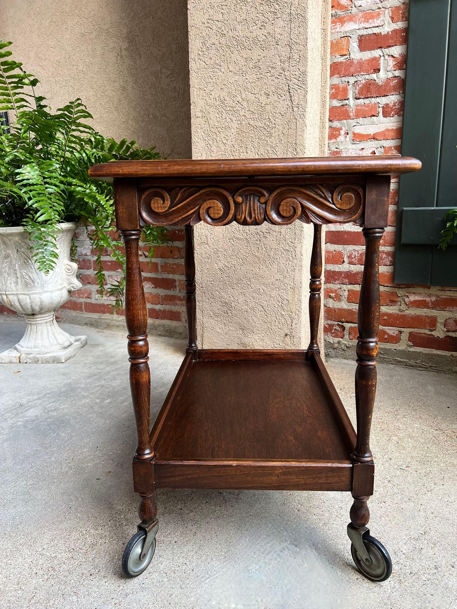 Antique English Tea Trolley Drinks Cart Serving Tray Dumbwaiter Table Carved Oak 12