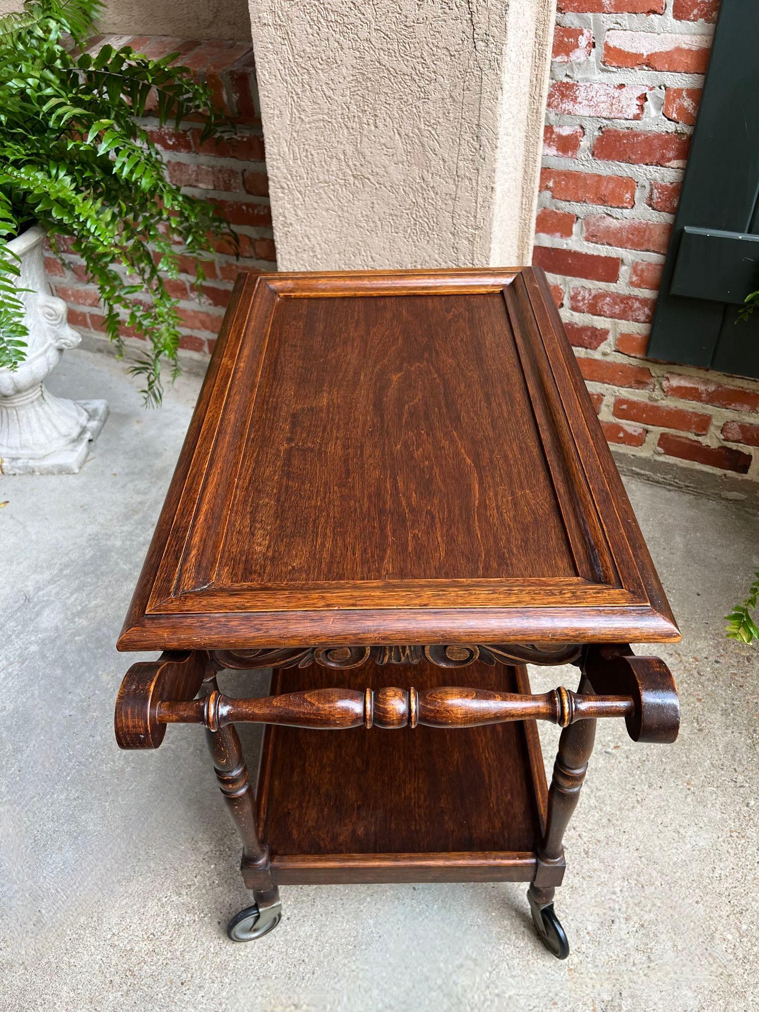 Antique English Tea Trolley Drinks Cart Serving Tray Dumbwaiter Table Carved Oak 13