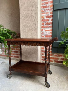 Antique English Tea Trolley Drinks Cart Serving Tray Dumbwaiter Table Carved Oak