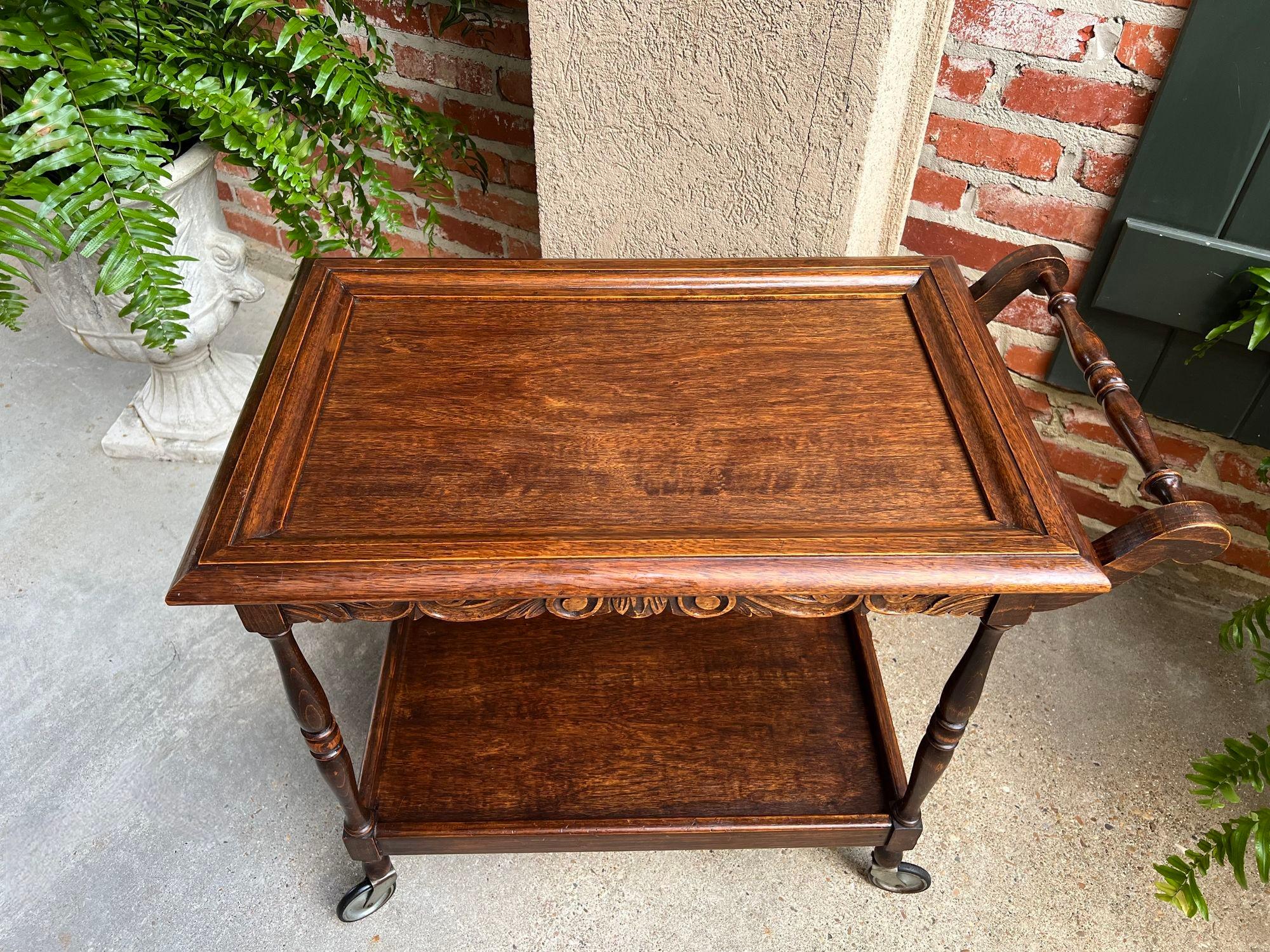 Antique English Tea Trolley Drinks Cart Serving Tray Dumbwaiter Table Carved Oak 14