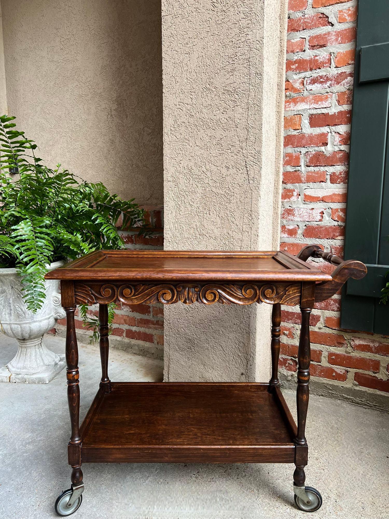 Edwardian Antique English Tea Trolley Drinks Cart Serving Tray Dumbwaiter Table Carved Oak