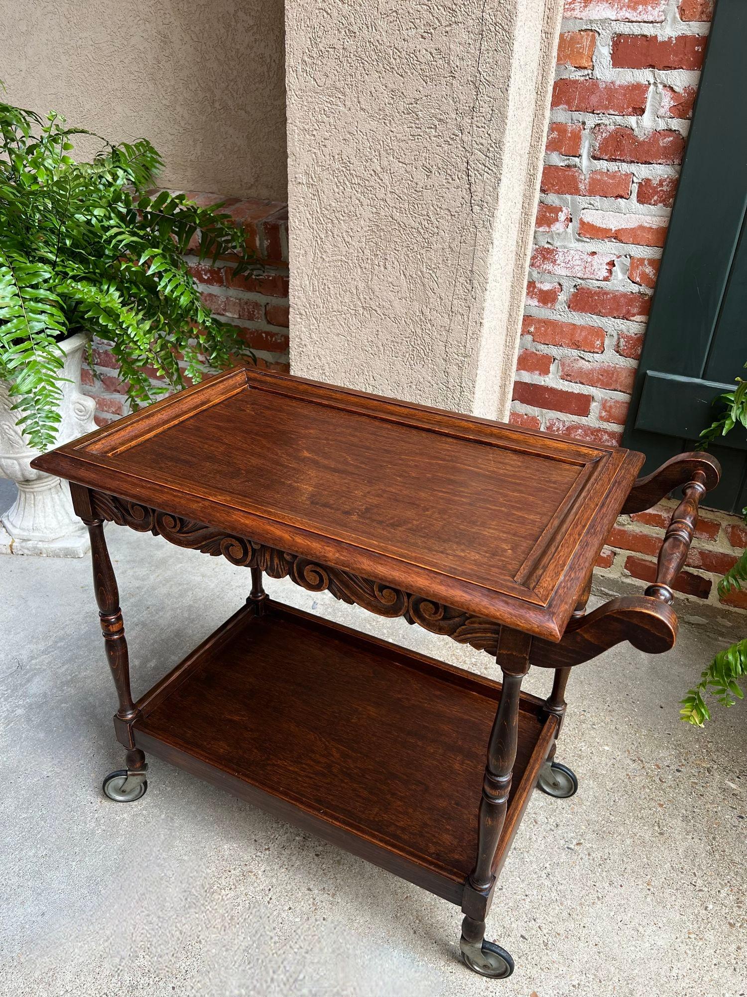 British Antique English Tea Trolley Drinks Cart Serving Tray Dumbwaiter Table Carved Oak