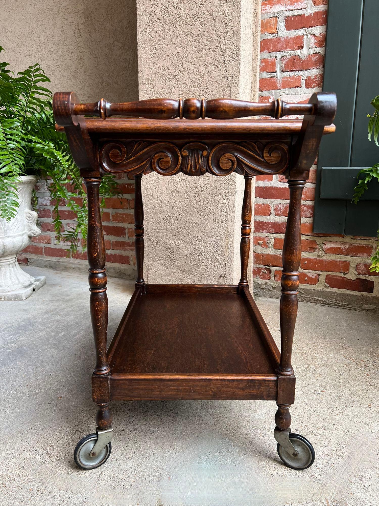 Antique English Tea Trolley Drinks Cart Serving Tray Dumbwaiter Table Carved Oak 1