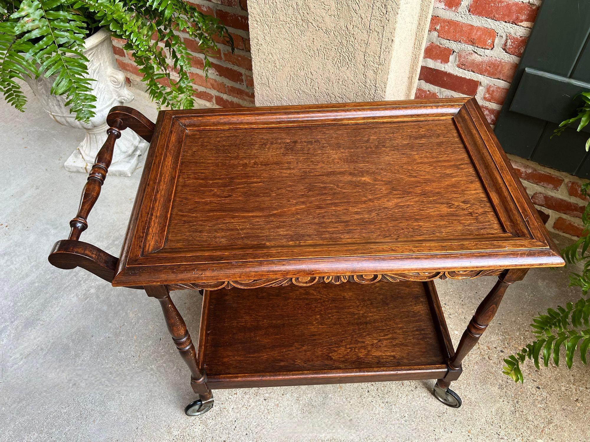 Antique English Tea Trolley Drinks Cart Serving Tray Dumbwaiter Table Carved Oak 2