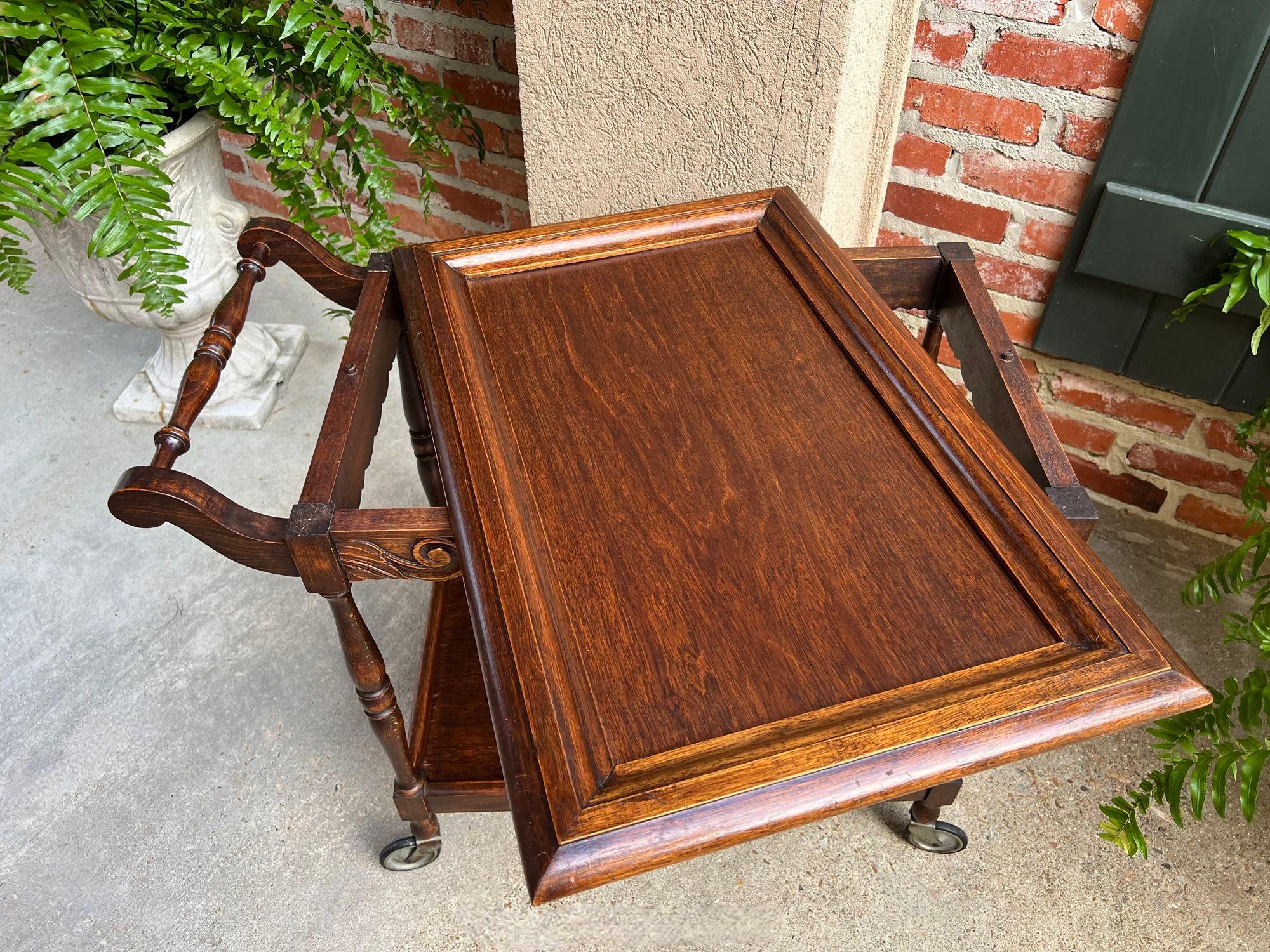 Antique English Tea Trolley Drinks Cart Serving Tray Dumbwaiter Table Carved Oak 3