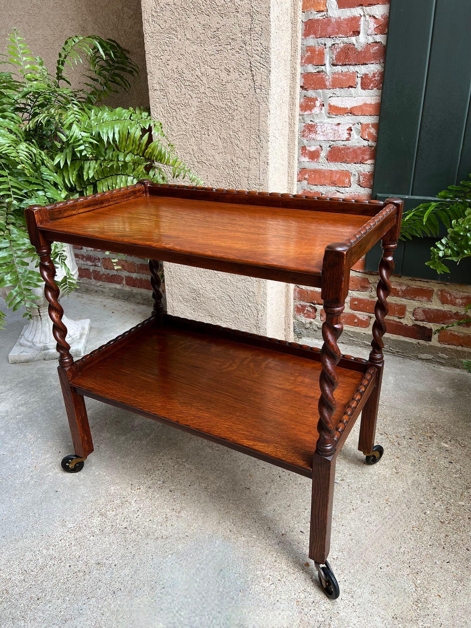 Antique English Tea Trolley Drinks Cart Tiger Oak Barley Twist Cocktail Table 8