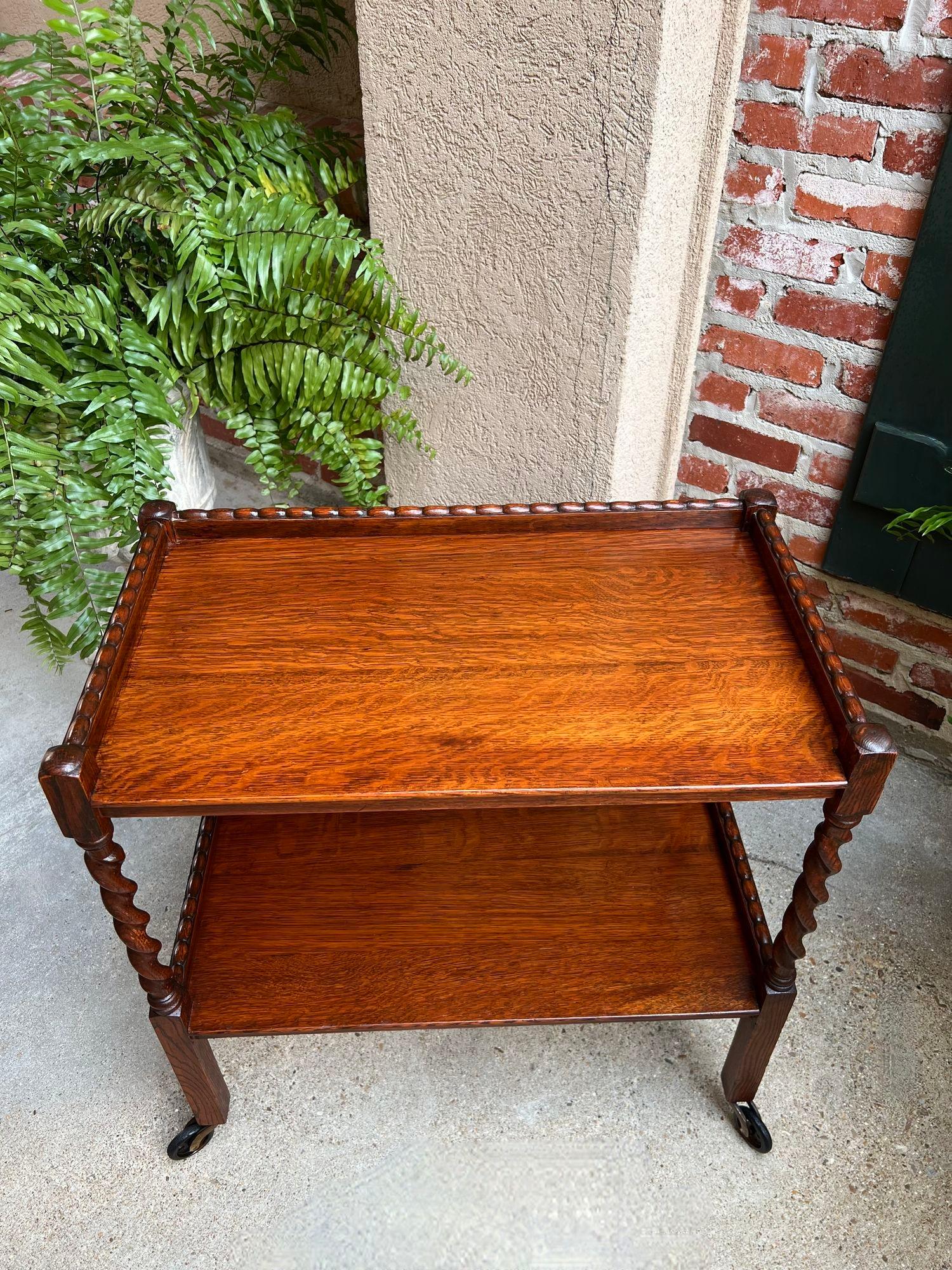 Antique English Tea Trolley Drinks Cart Tiger Oak Barley Twist Cocktail Table 12
