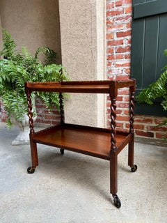 Antique English Tea Trolley Drinks Cart Tiger Oak Barley Twist Cocktail Table