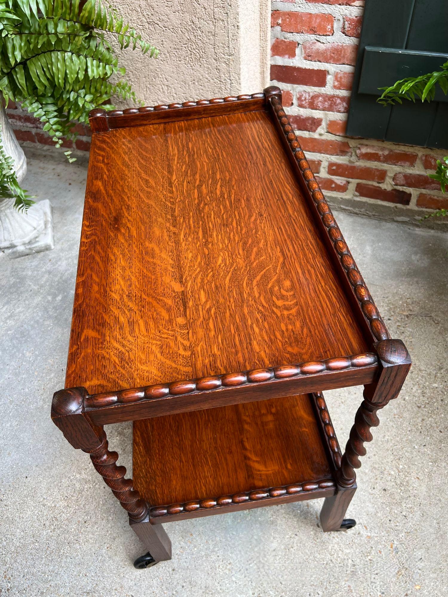 20th Century Antique English Tea Trolley Drinks Cart Tiger Oak Barley Twist Cocktail Table