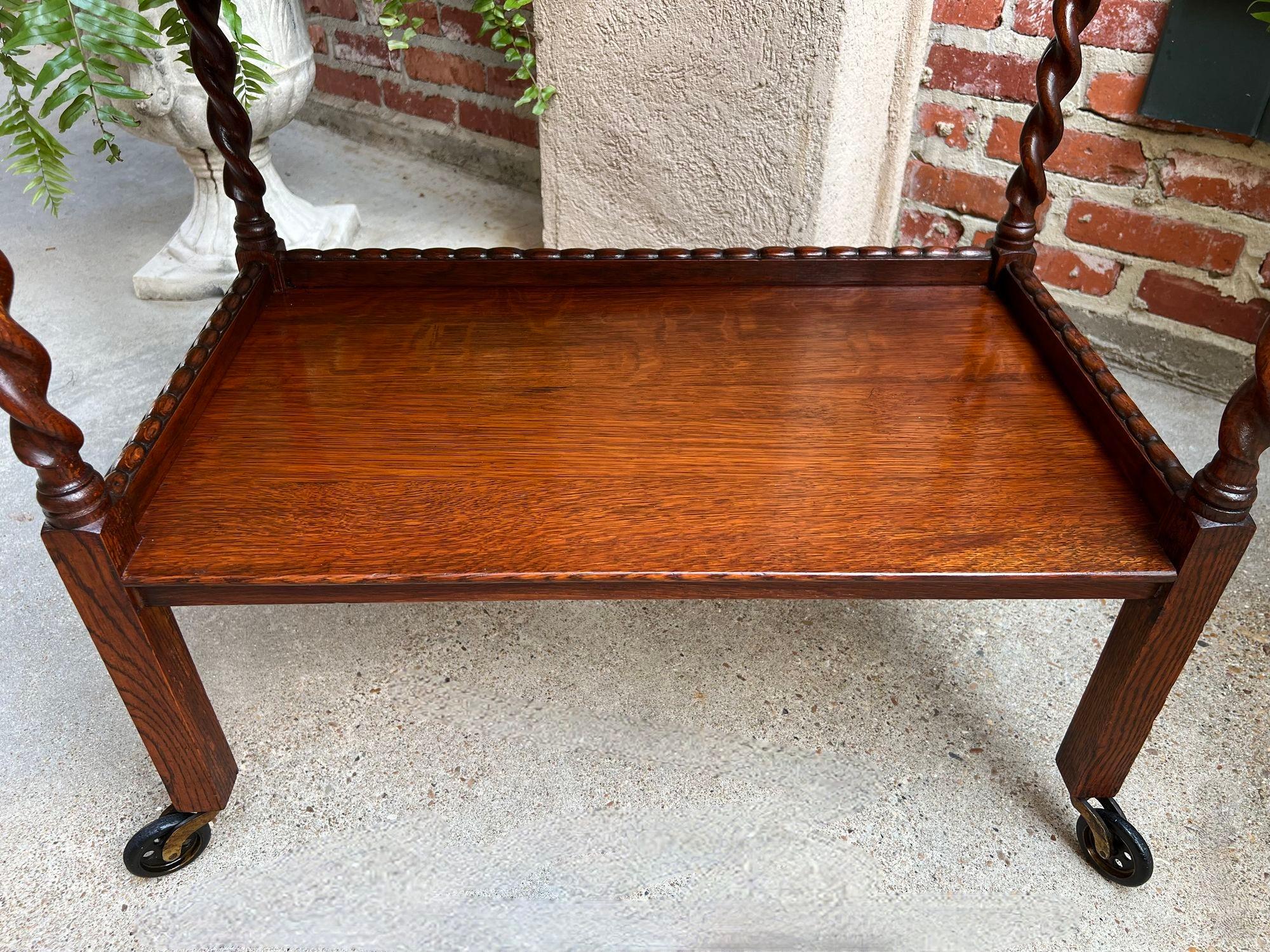 Antique English Tea Trolley Drinks Cart Tiger Oak Barley Twist Cocktail Table 1