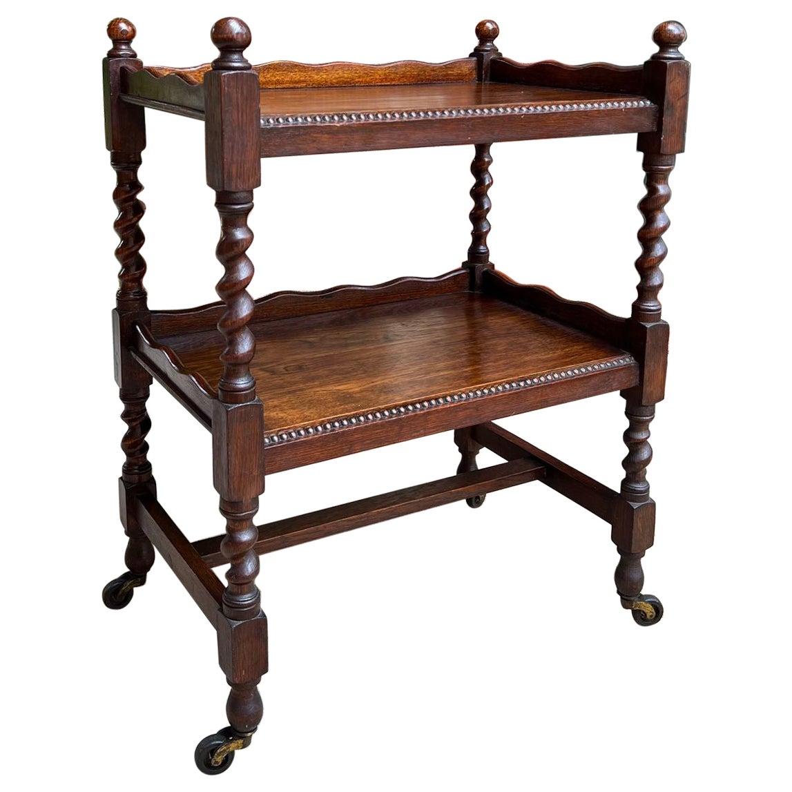 Antique English Tea Trolley Drinks Cart Tiger Oak Barley Twist Cocktail Table