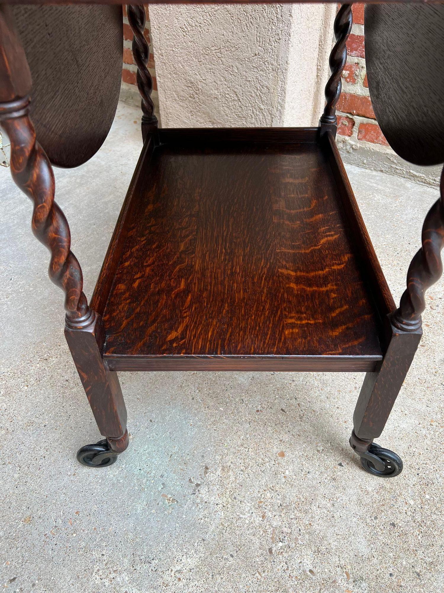 Antique English Tea Trolley Drinks Cart Tiger Oak Barley Twist Drop Leaf Table 4