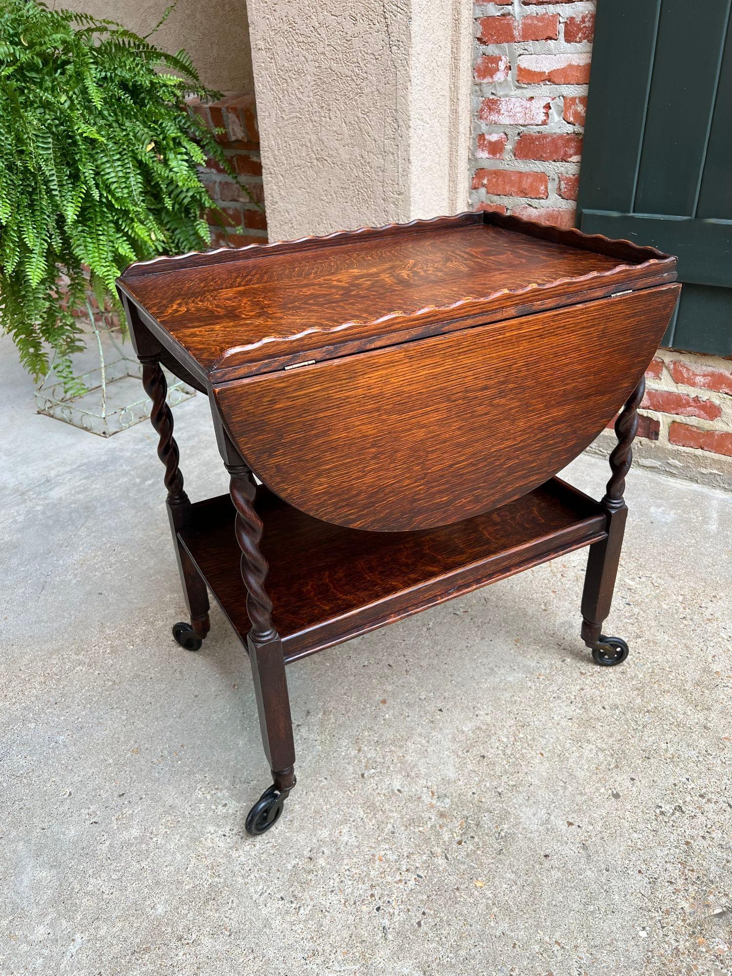 Antique English Tea Trolley Drinks Cart Tiger Oak Barley Twist Drop Leaf Table 8