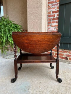 Antique English Tea Trolley Drinks Cart Tiger Oak Barley Twist Drop Leaf Table