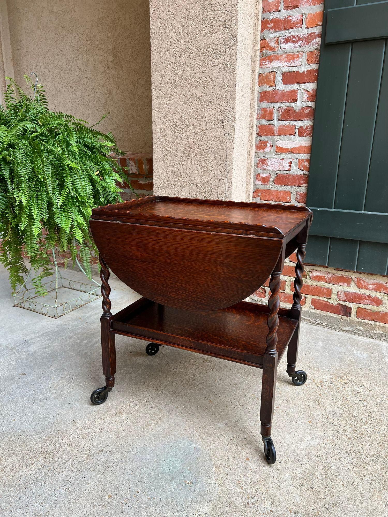 British Antique English Tea Trolley Drinks Cart Tiger Oak Barley Twist Drop Leaf Table