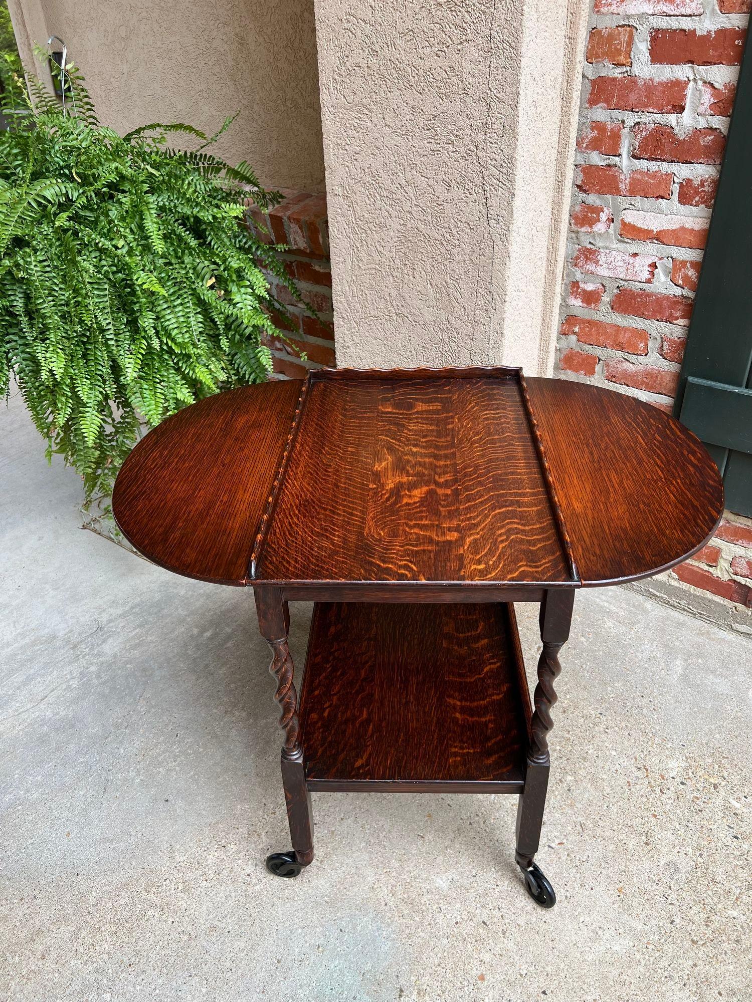 Antique English Tea Trolley Drinks Cart Tiger Oak Barley Twist Drop Leaf Table 1