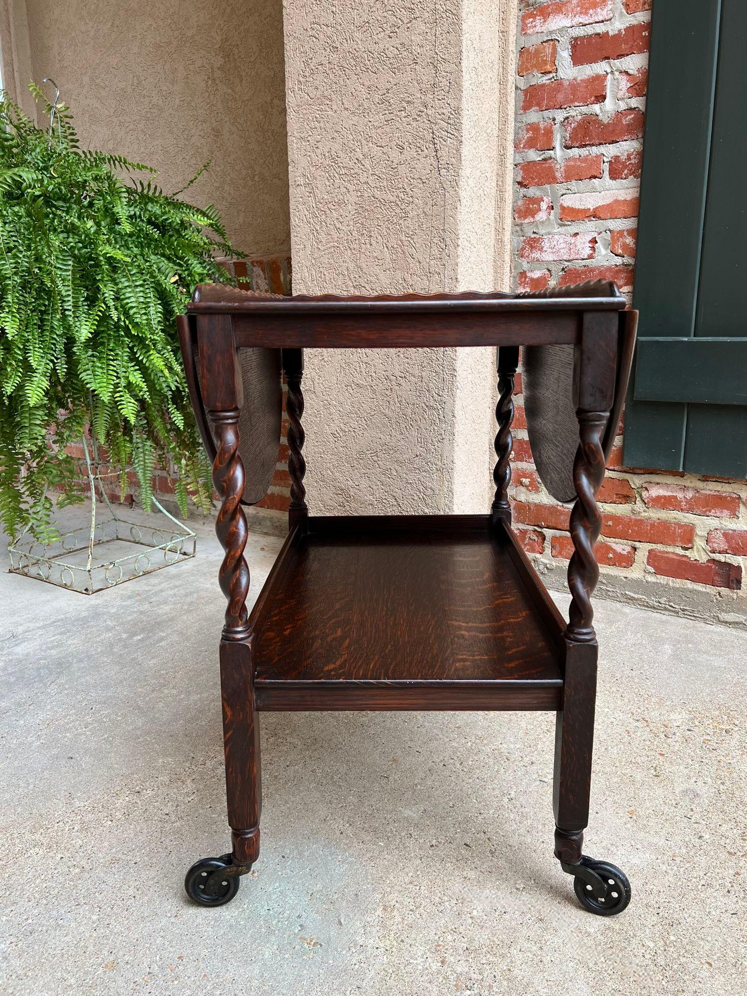 Antique English Tea Trolley Drinks Cart Tiger Oak Barley Twist Drop Leaf Table 2