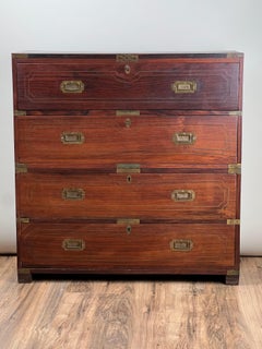 Antique English Teak Campaign Secretary with Brass Inlay  c. Mid 19th Century