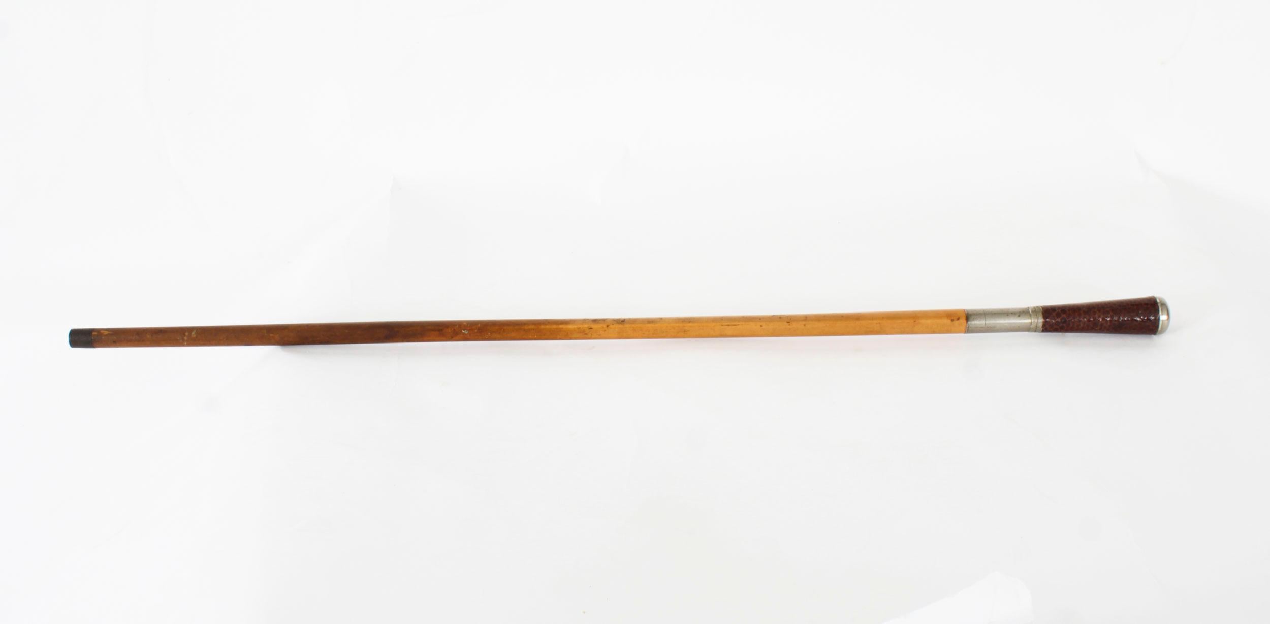 This is a beautiful antique system telescope walking stick on a malacca shaft, Circa 1920 in date.

The striking stick features a decorative leather handle that unscrews to reveal a hinged telescope, the cover of the telescope also unscrews to