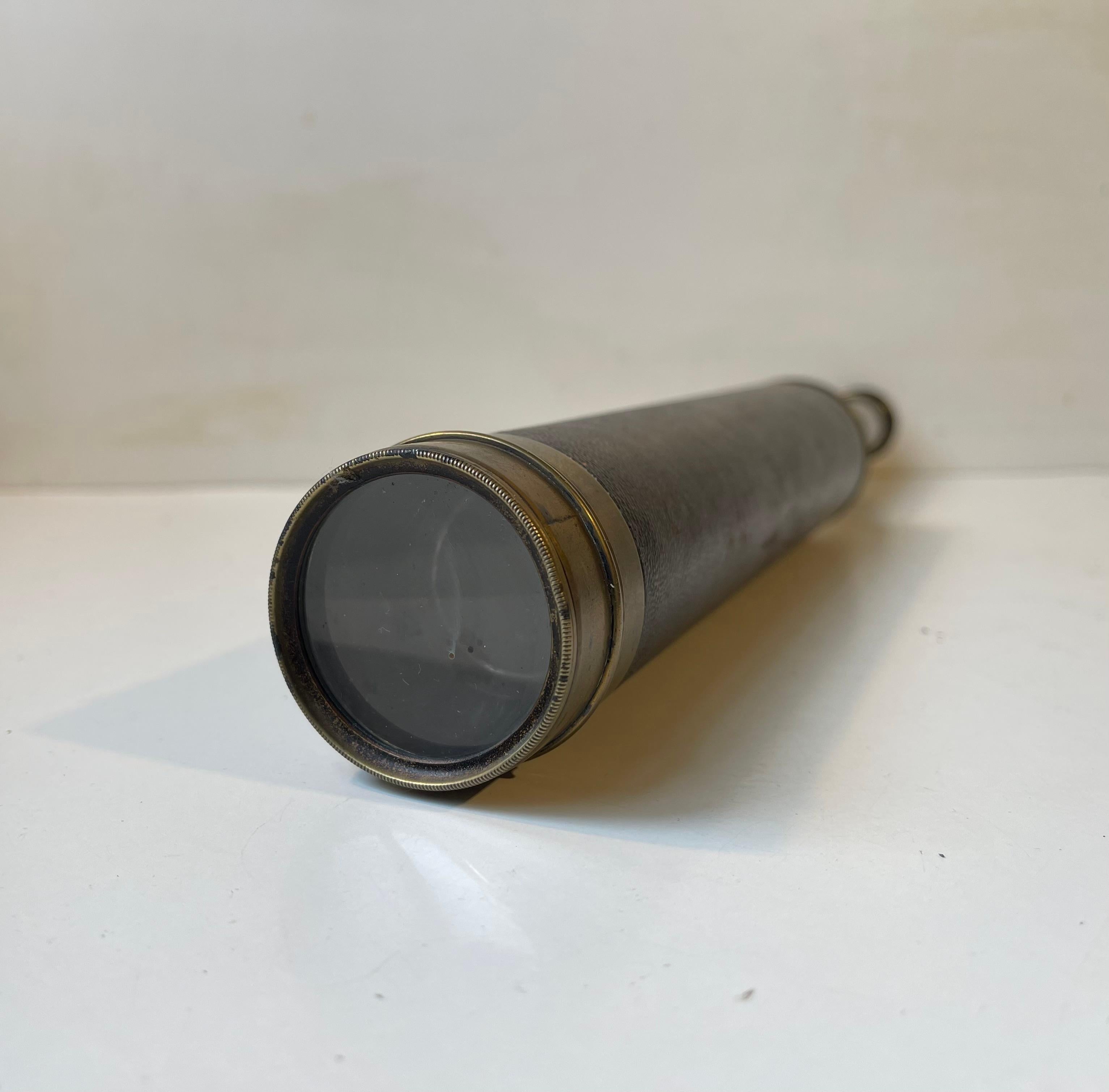 European Antique English Telescopic Ocean Monocular in Brass & Leather