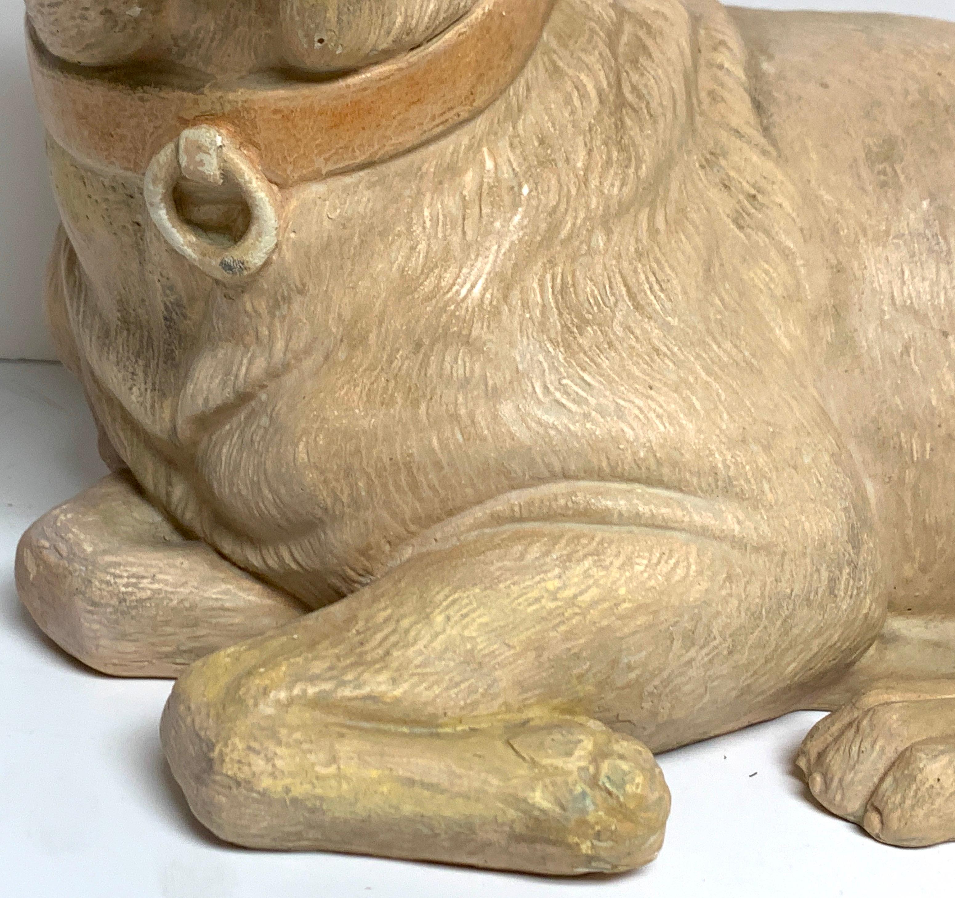 Polychromed Antique English Terracotta Recumbent Pug Dog For Sale