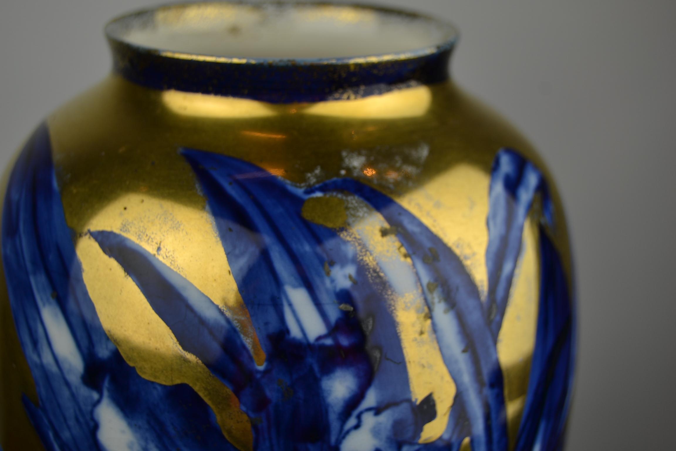 Porcelain Antique English Thomas Forester Vase , Blue with Gold Floral Design, circa 1910