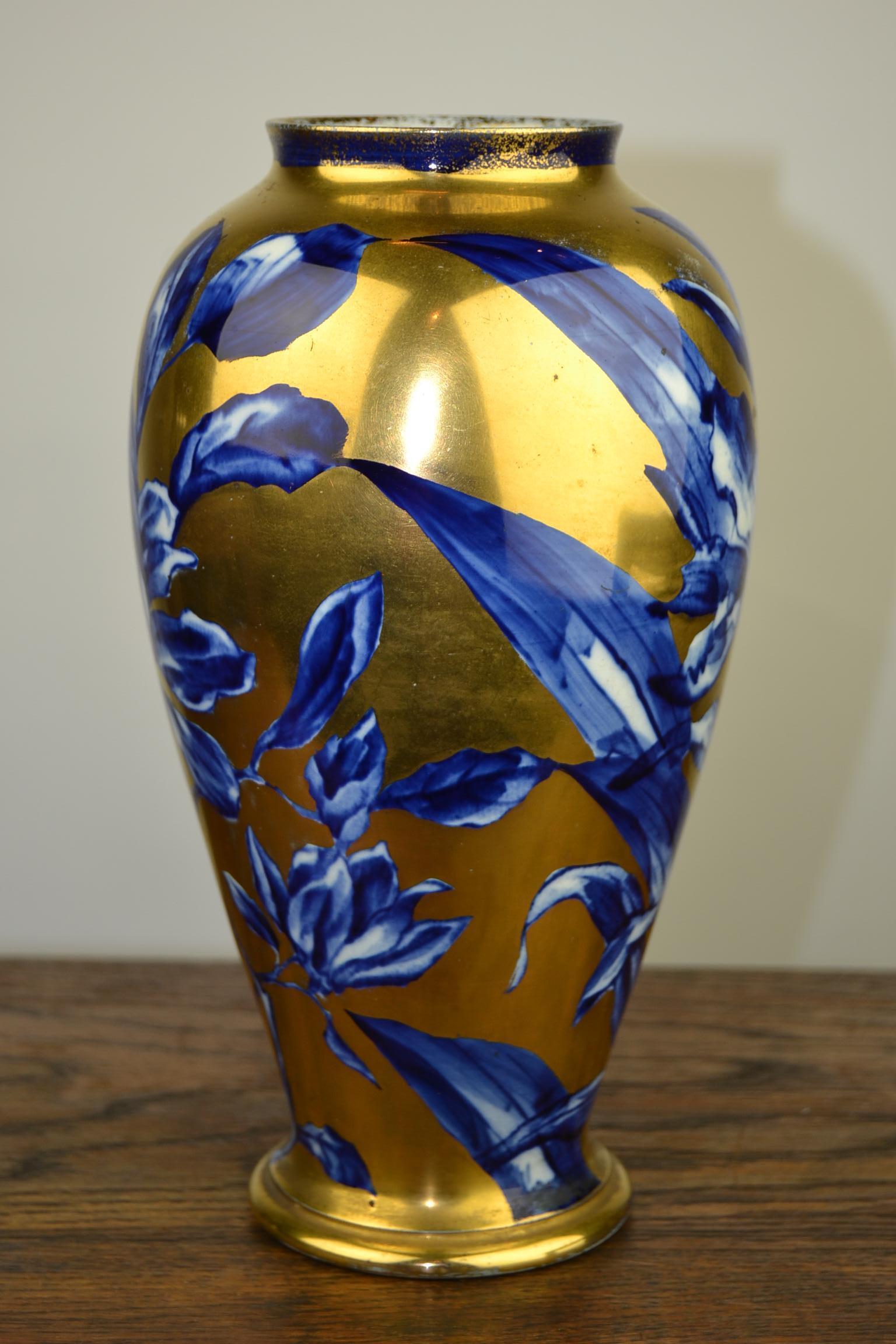 Antique English Thomas Forester Vase , Blue with Gold Floral Design, circa 1910 1