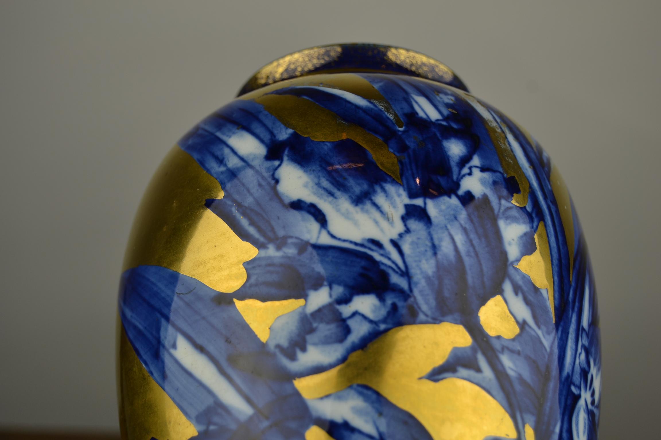 Antique English Thomas Forester Vase , Blue with Gold Floral Design, circa 1910 4