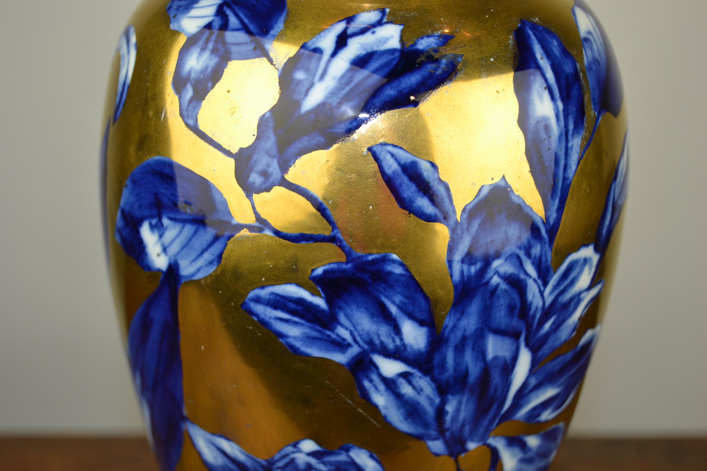 Antique English Thomas Forester Vase , Blue with Gold Floral Design, circa 1910 5