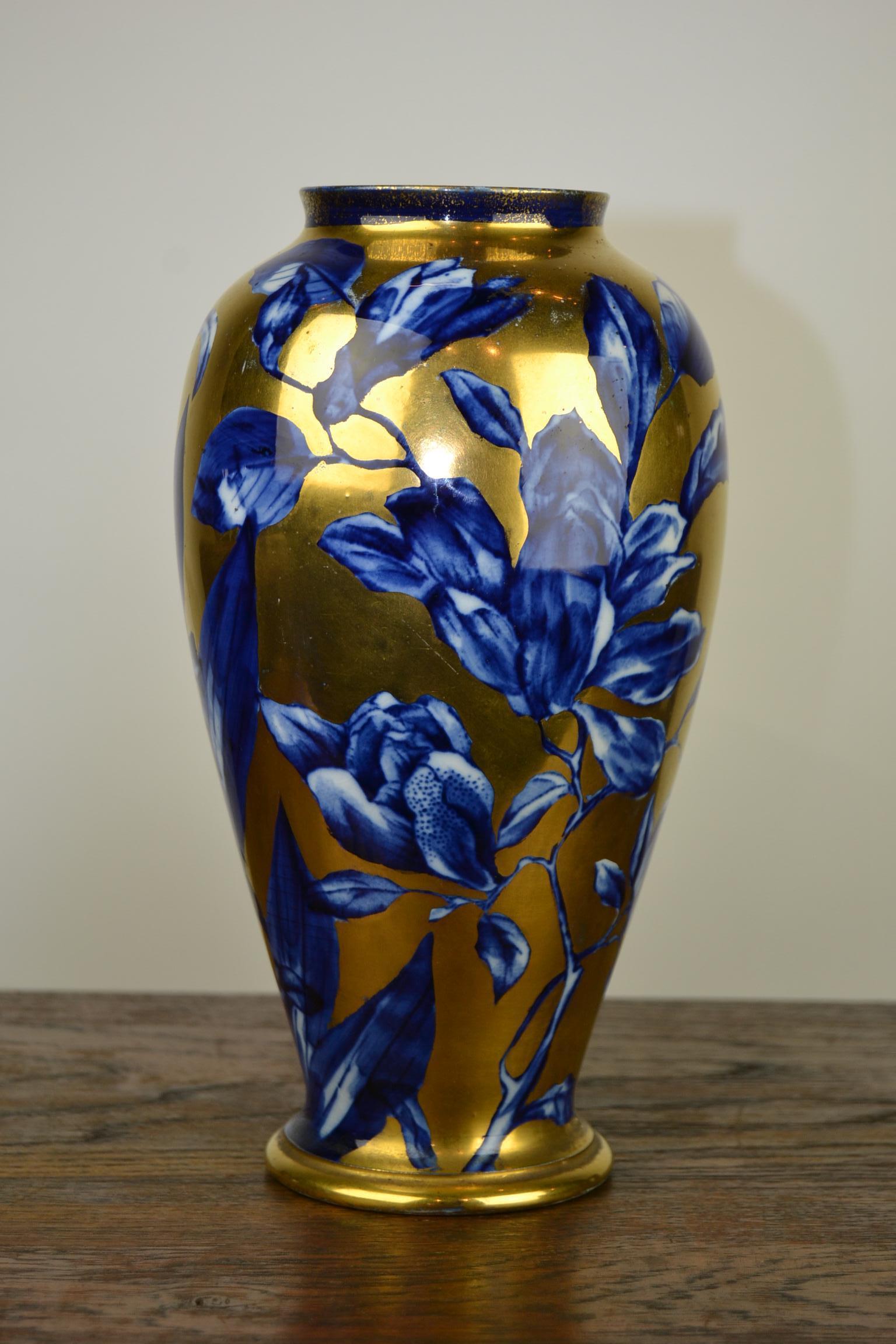 Antique English Thomas Forester Vase , Blue with Gold Floral Design, circa 1910 6